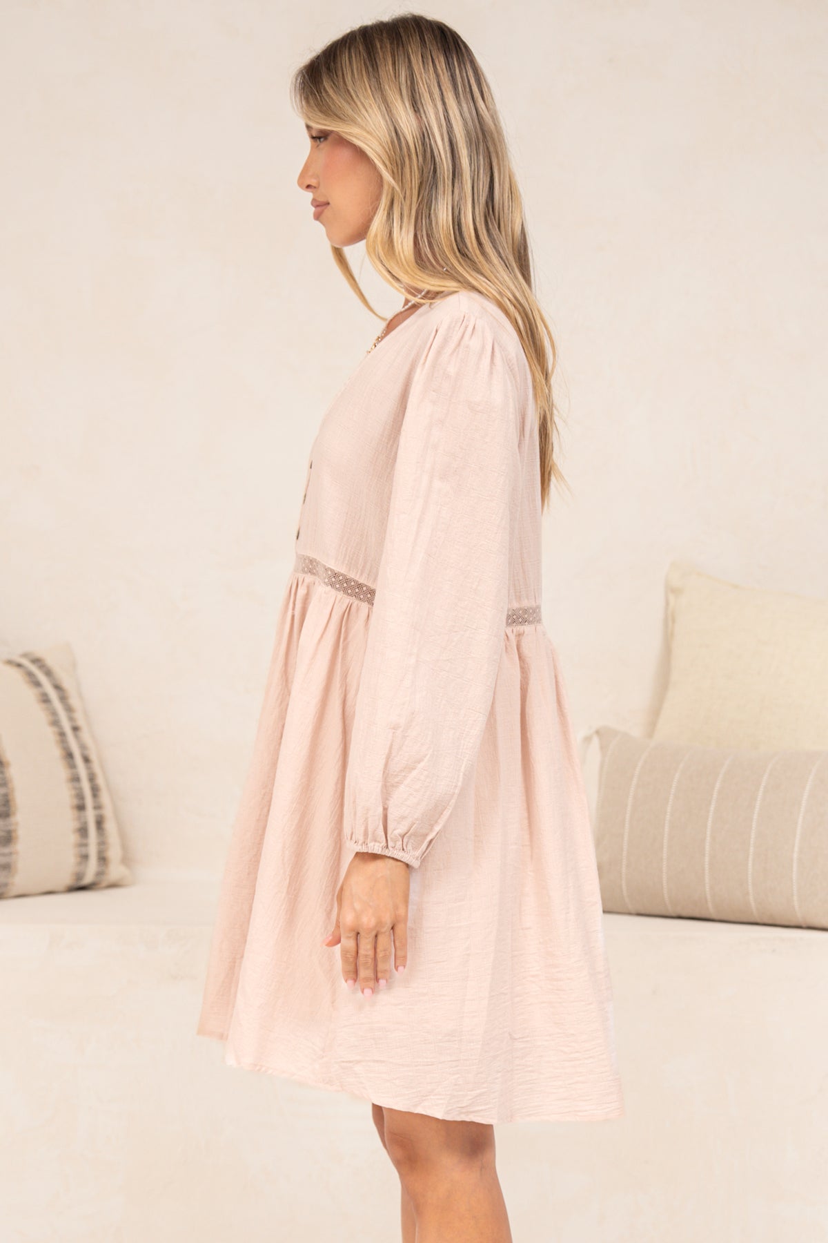 Liana Mini Dress - V Neck Empire Crochet Trim Waist Dress with Balloon Sleeves in Pink