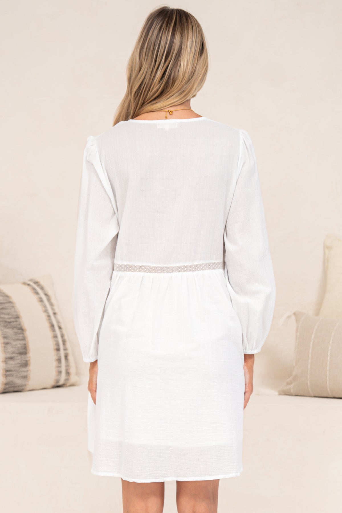 Liana Mini Dress - V Neck Empire Crochet Trim Waist Dress with Balloon Sleeves in White
