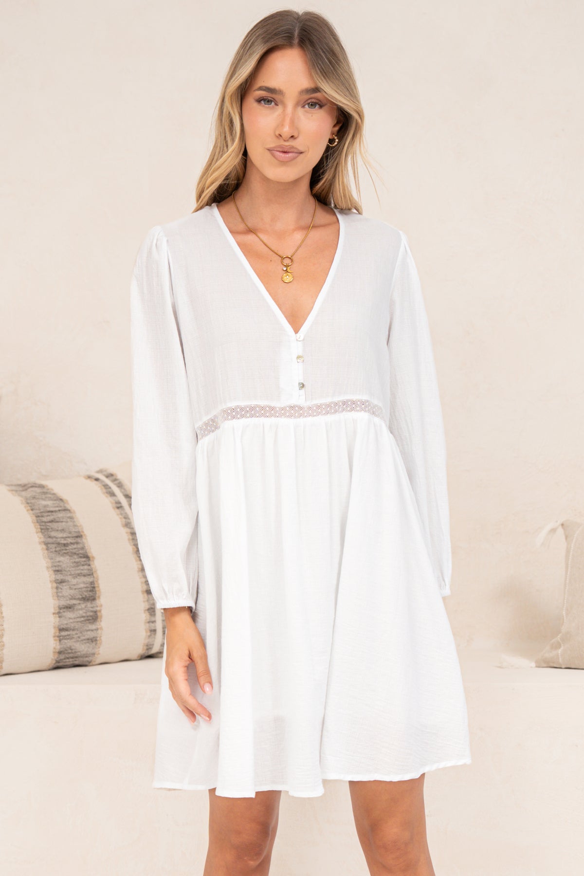 Liana Mini Dress - V Neck Empire Crochet Trim Waist Dress with Balloon Sleeves in White