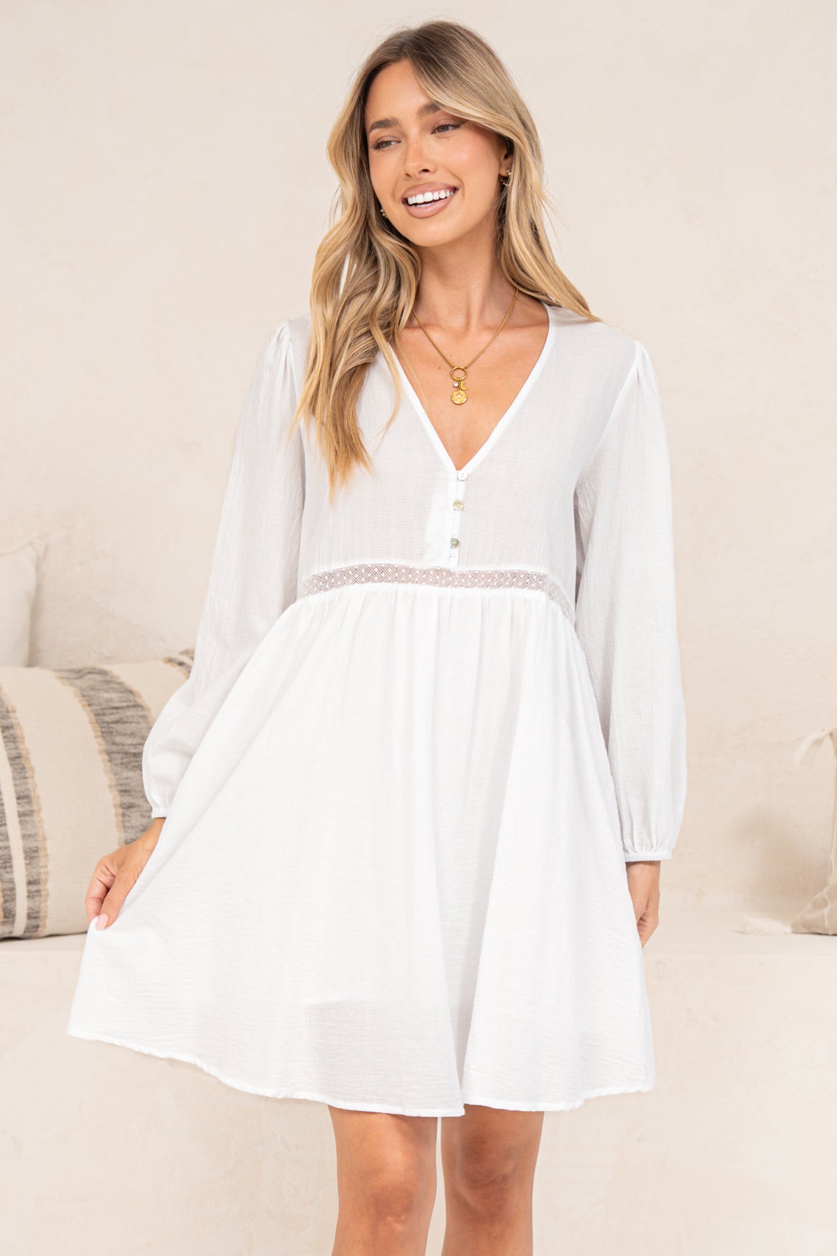 Liana Mini Dress - V Neck Empire Crochet Trim Waist Dress with Balloon Sleeves in White