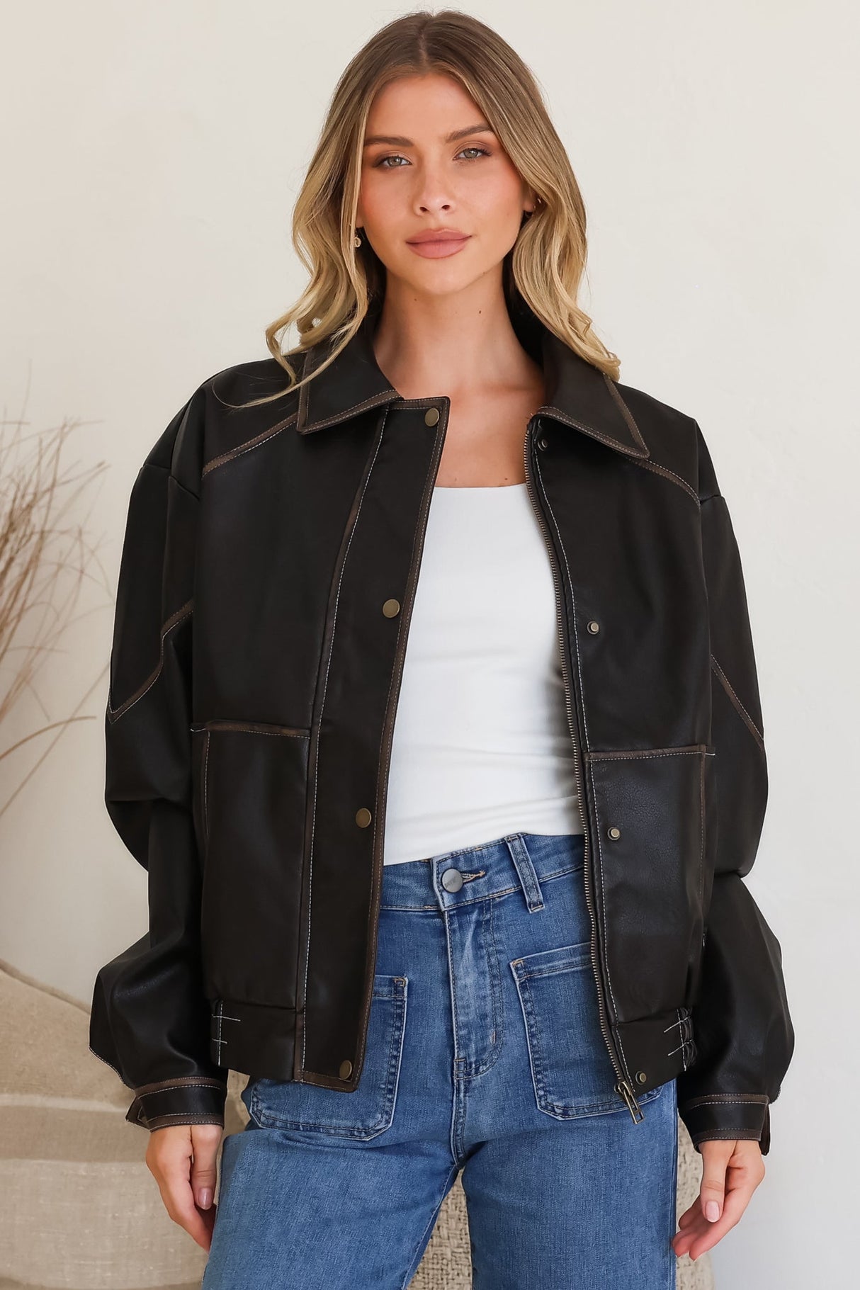 Liano Jacket - Notched Collar PU Leather Constrast Stitch Utility-Style Jacket in Brown