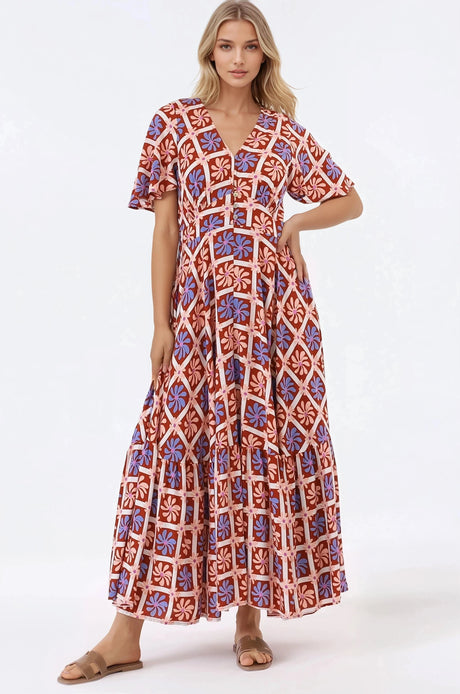 Libby Maxi Dress - Flutter Cap Sleeve Button Waist Detailed A Line Dress in Jaida Print