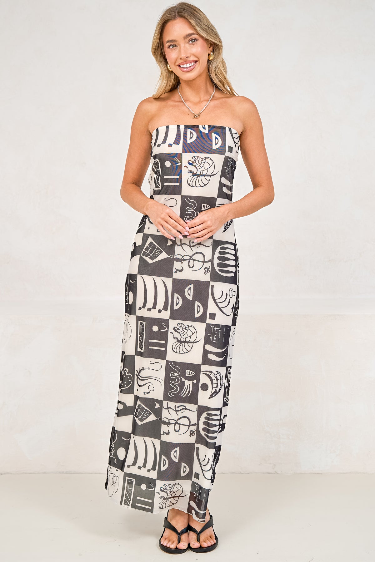 Liberty Maxi Dress - Strapless Mesh Overlay A Line Dress in Lavande Print Black