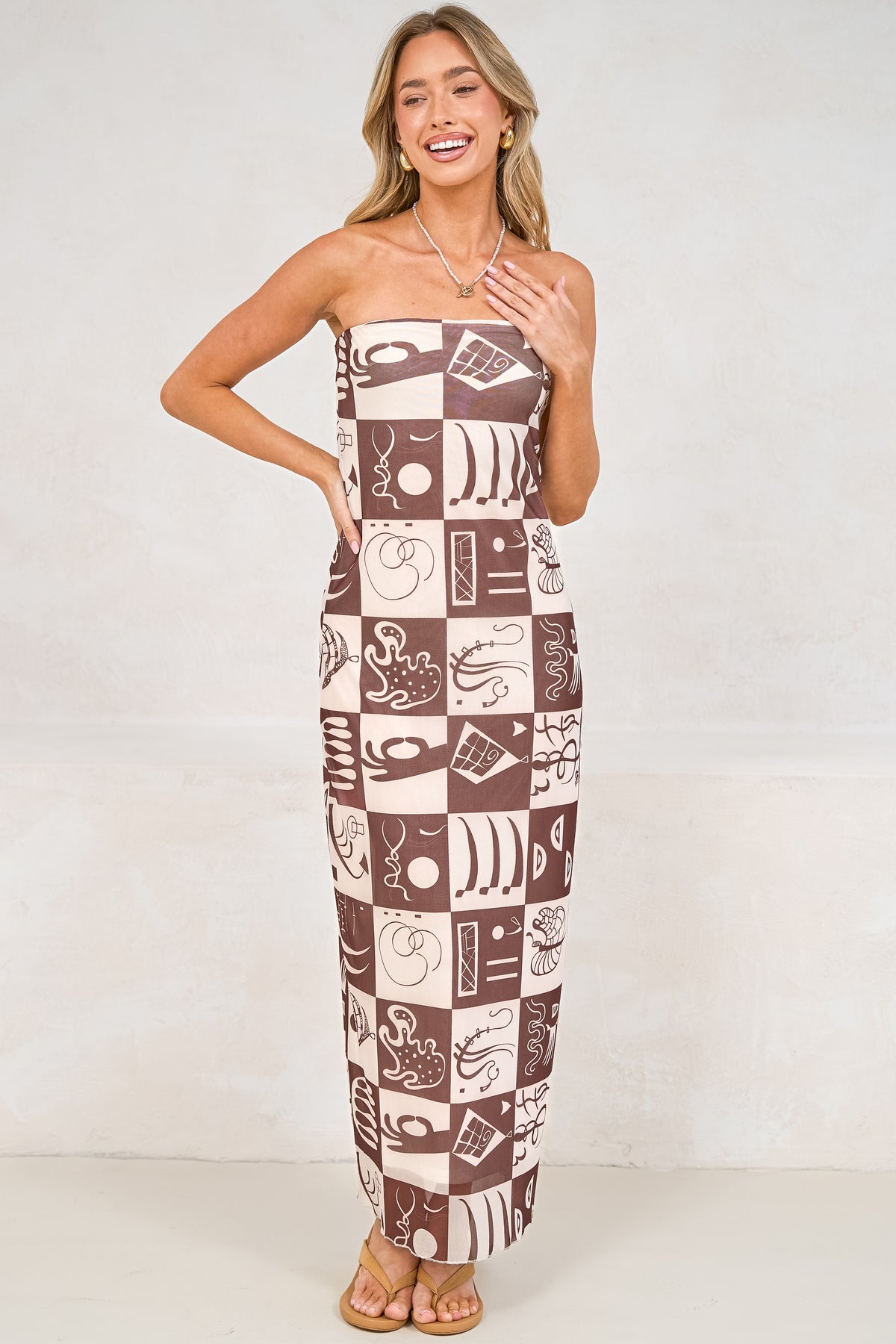 Liberty Maxi Dress - Strapless Mesh Overlay A Line Dress in Lavande Print Brown