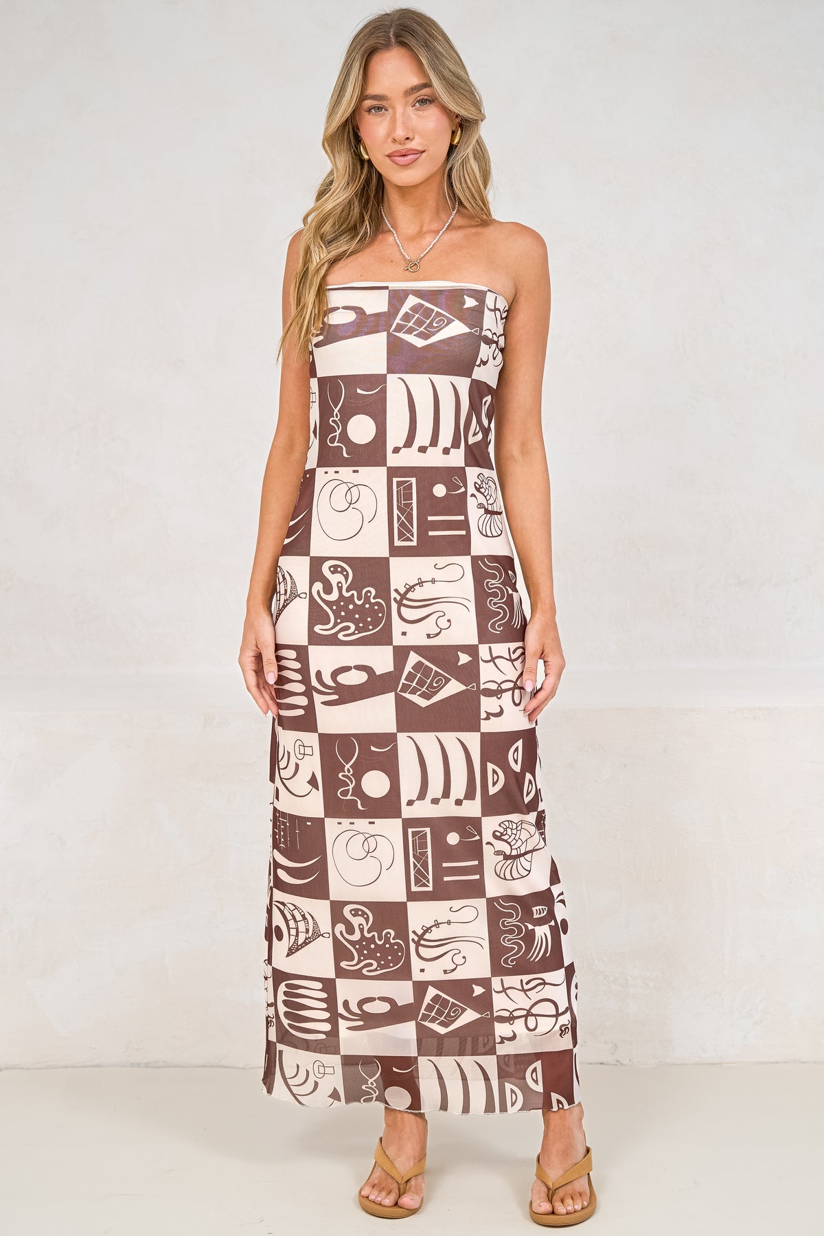 Liberty Maxi Dress - Strapless Mesh Overlay A Line Dress in Lavande Print Brown