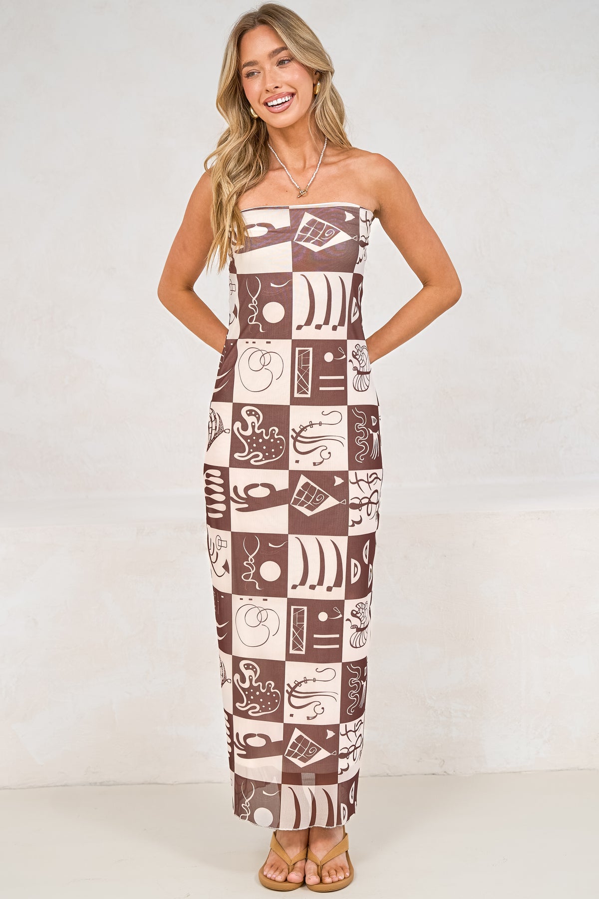 Liberty Maxi Dress - Strapless Mesh Overlay A Line Dress in Lavande Print Brown