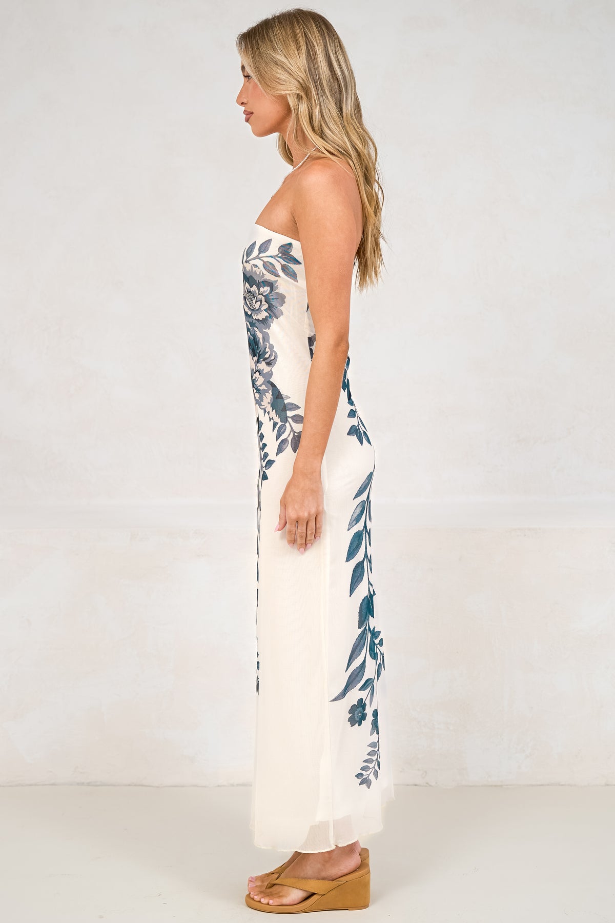 Liberty Maxi Dress - Strapless Mesh Overlay A Line Dress in Mazarine Print Navy