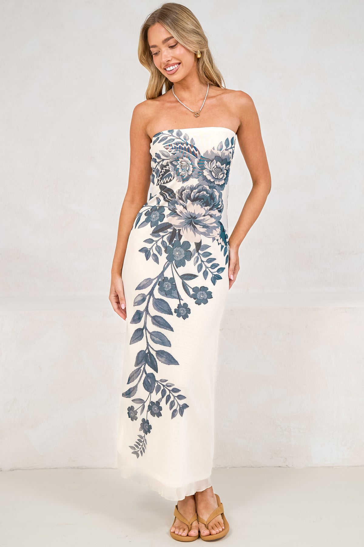 Liberty Maxi Dress - Strapless Mesh Overlay A Line Dress in Mazarine Print Navy
