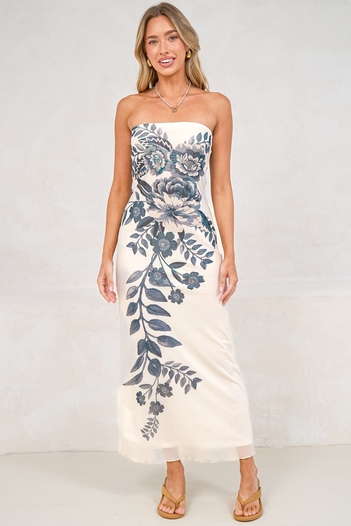 Liberty Maxi Dress - Strapless Mesh Overlay A Line Dress in Mazarine Print Navy