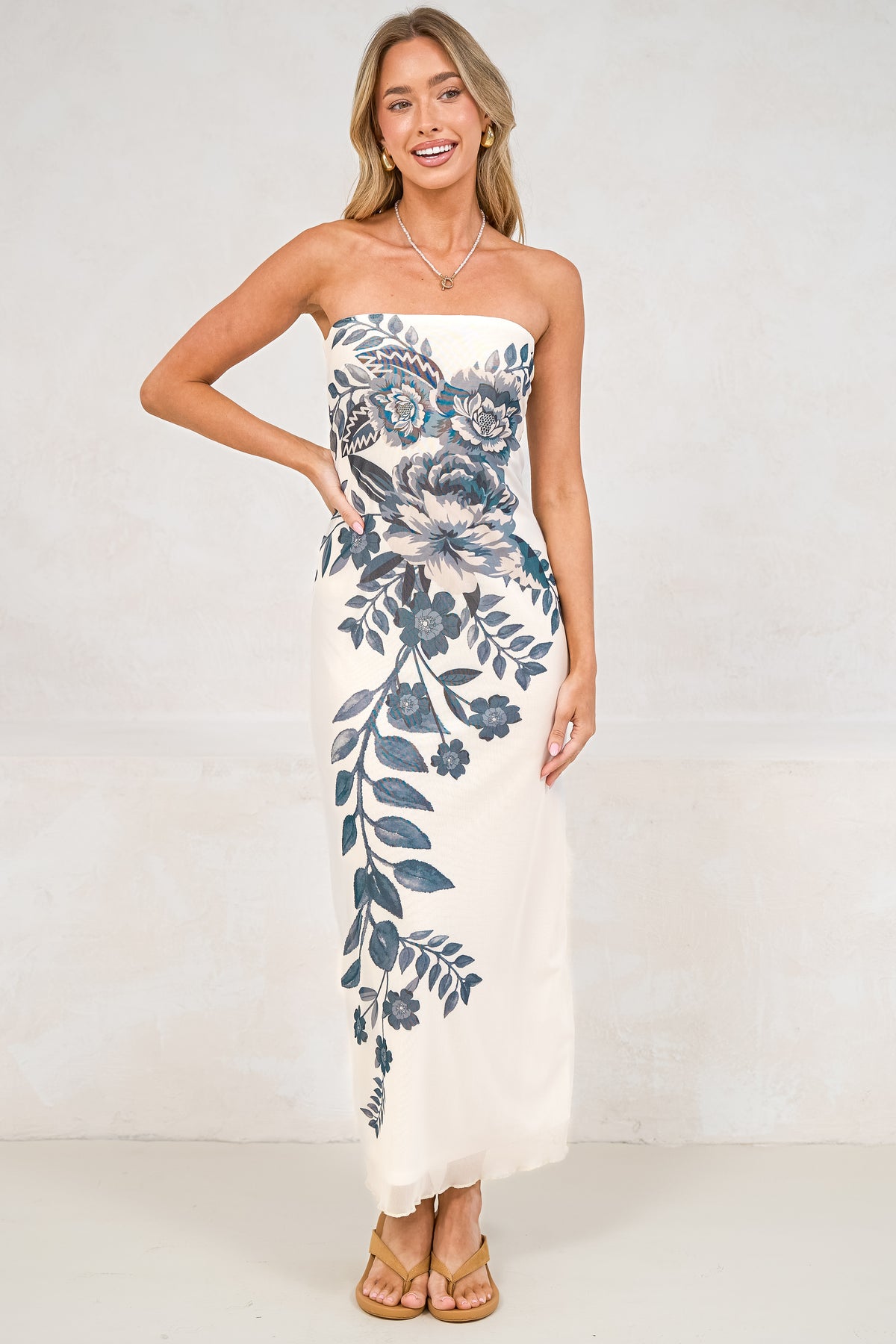 Liberty Maxi Dress - Strapless Mesh Overlay A Line Dress in Mazarine Print Navy