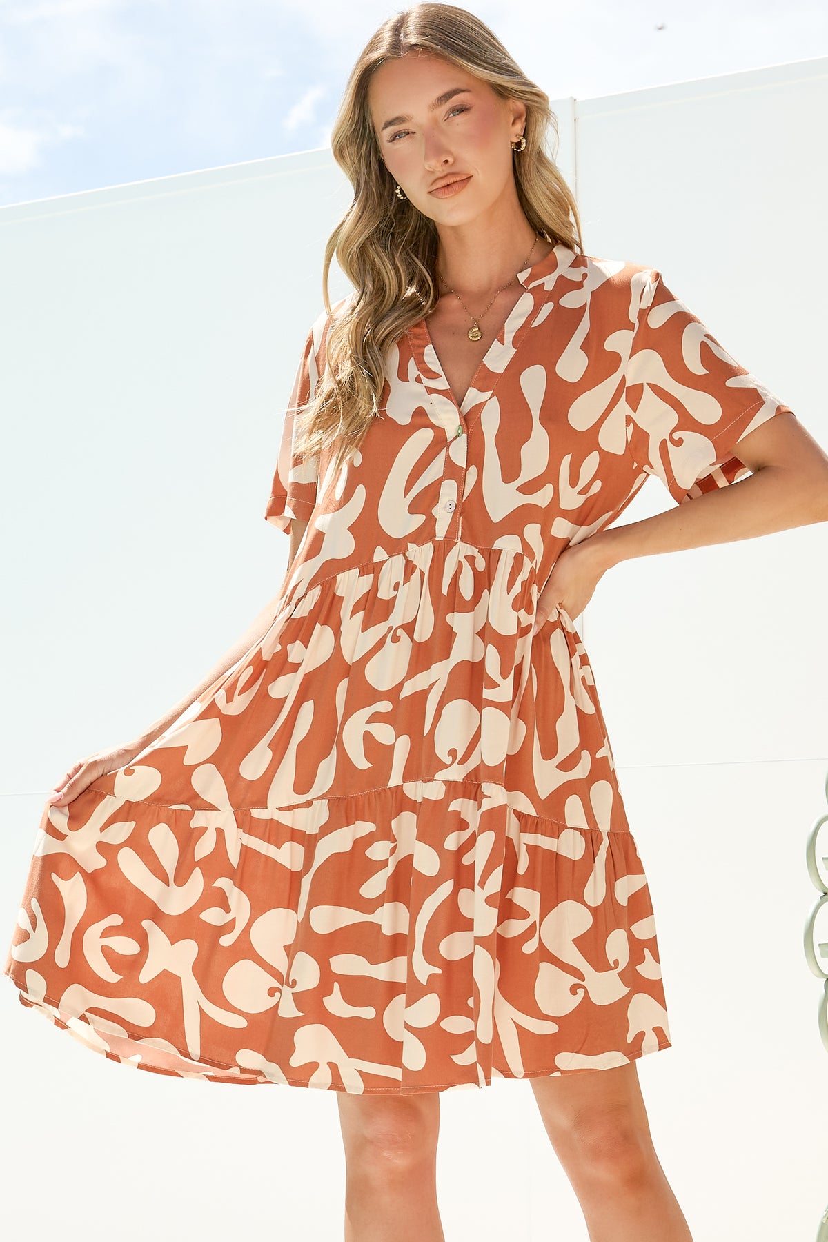 Lihanna Mini Dress - Split Collar Button-Front Tiered Dress with Short Sleeves in Jaxie Print Rust