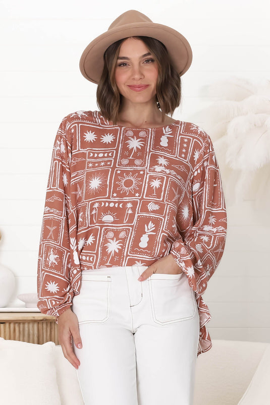 Lilah Blouse - Crew Neck High-Low Frill Hem Pull Over Blouse in Cailan Print Rust