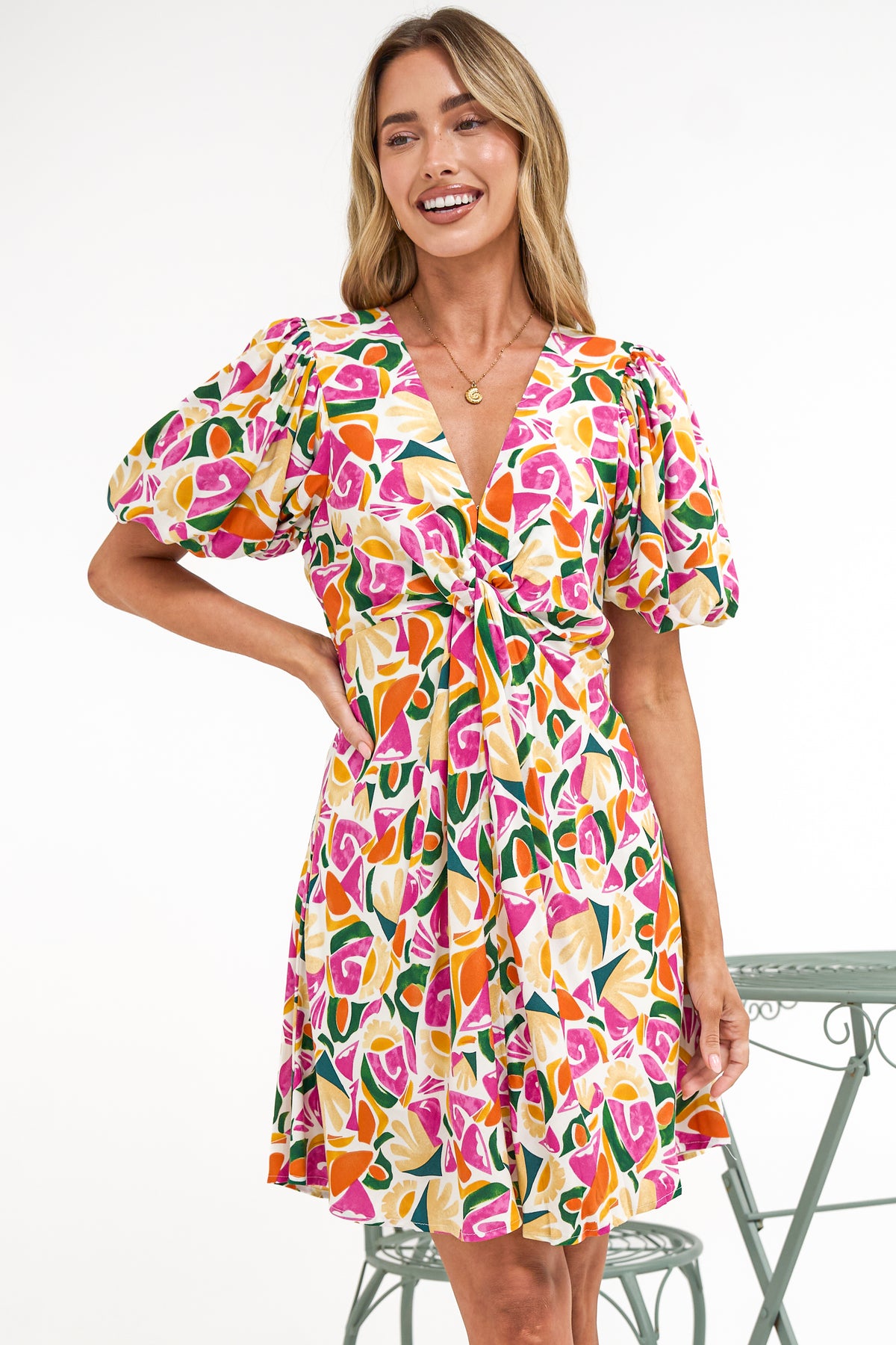 Lilibet Mini Dress - Twist Front Bodice Dress with Short Puff Sleeves in Danica Print