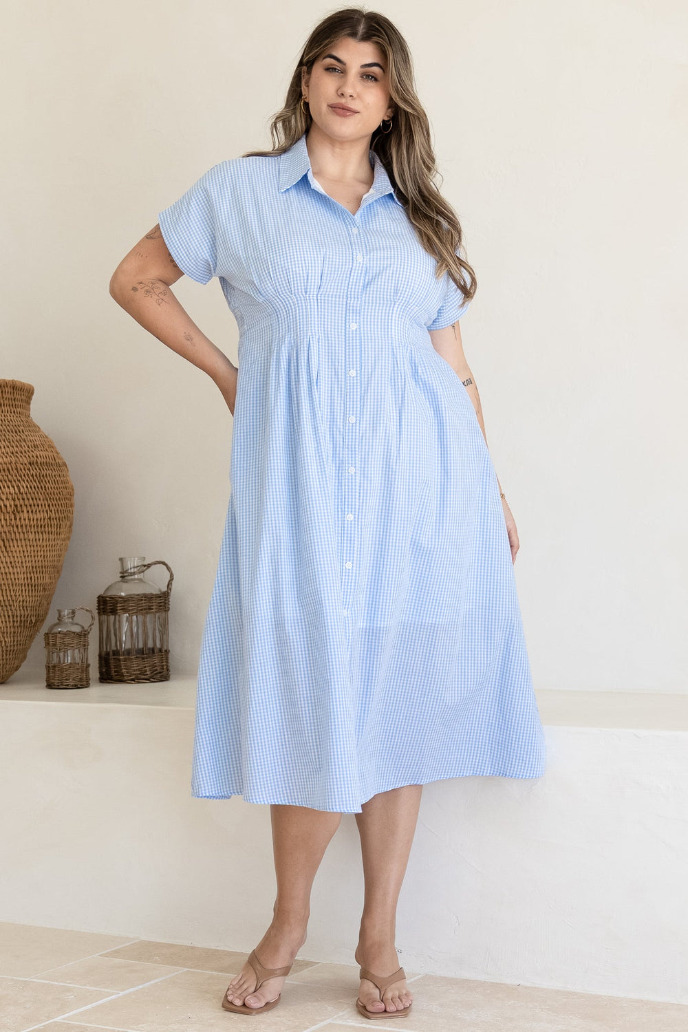 Lilla Midi Dress - Collared Buttoned Down A-Line Dress in Gingham Blue