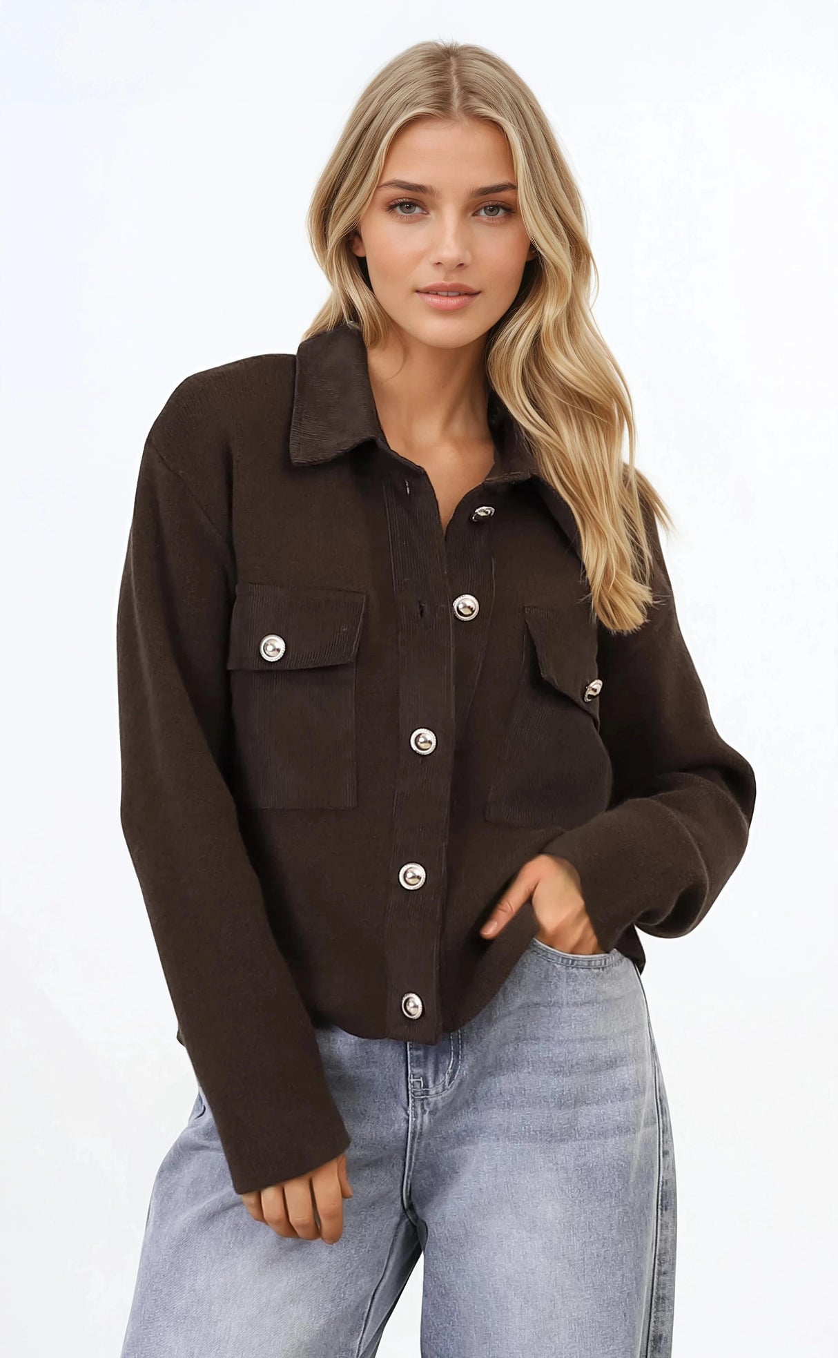 Lincoln Cardigan - Faux Suede Detailed Button Down Cardigan with Patch Pockets in Brown