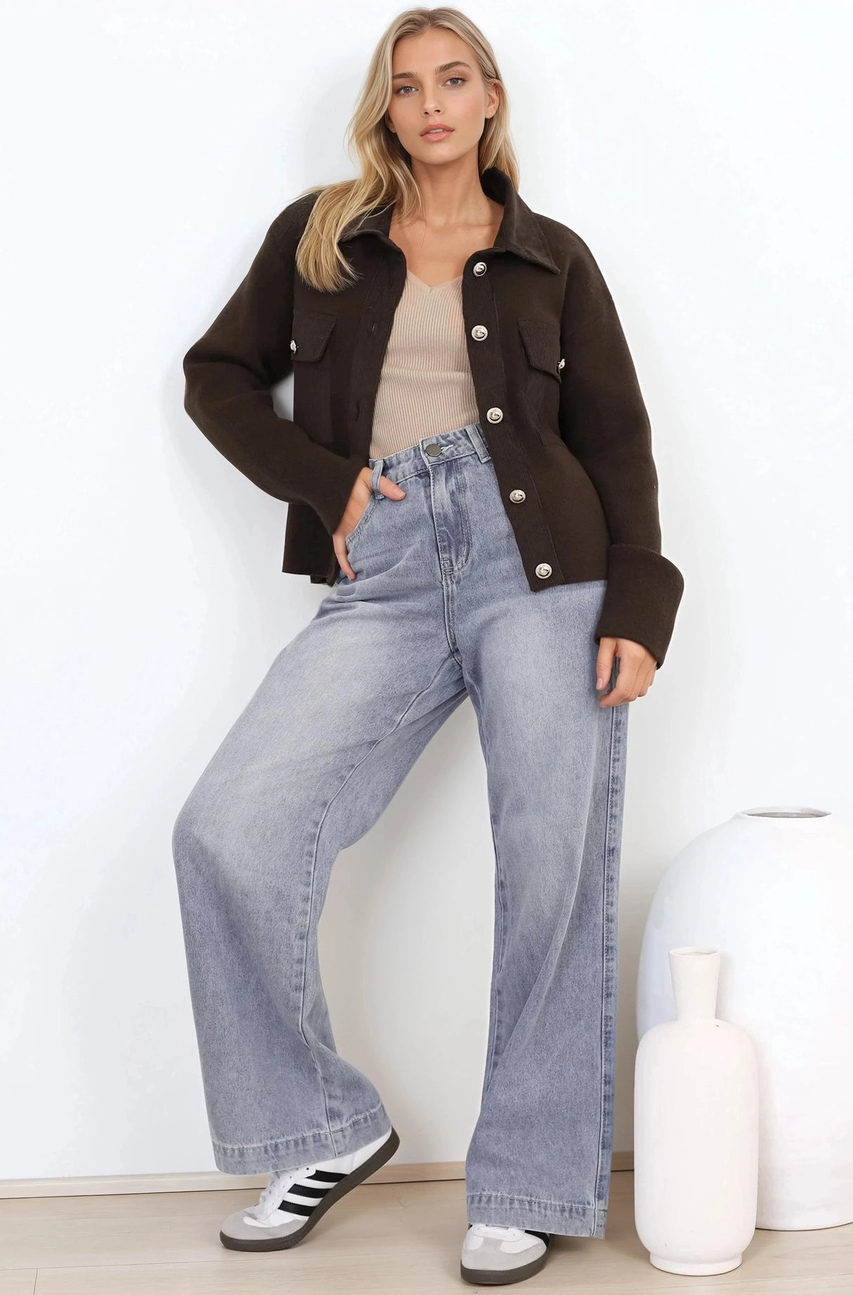 Lincoln Cardigan - Faux Suede Detailed Button Down Cardigan with Patch Pockets in Brown