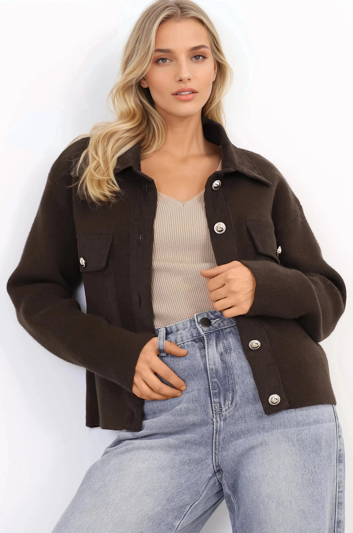 Lincoln Cardigan - Faux Suede Detailed Button Down Cardigan with Patch Pockets in Brown