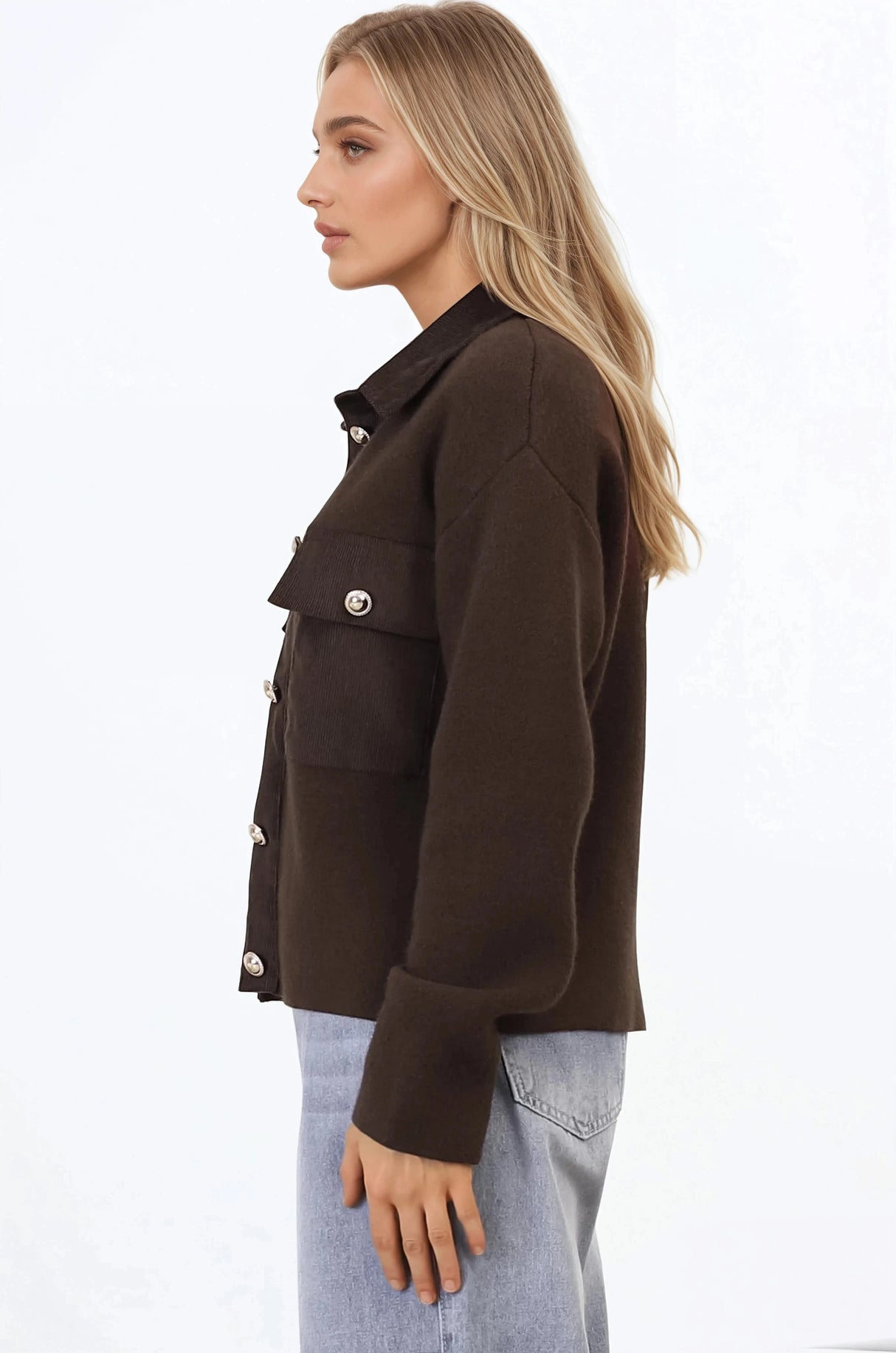 Lincoln Cardigan - Faux Suede Detailed Button Down Cardigan with Patch Pockets in Brown