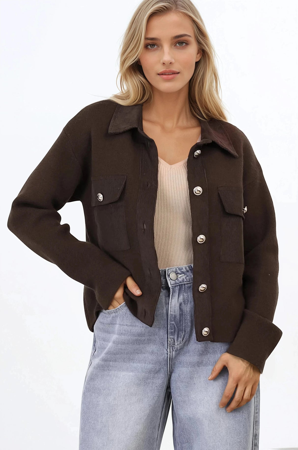 Lincoln Cardigan - Faux Suede Detailed Button Down Cardigan with Patch Pockets in Brown