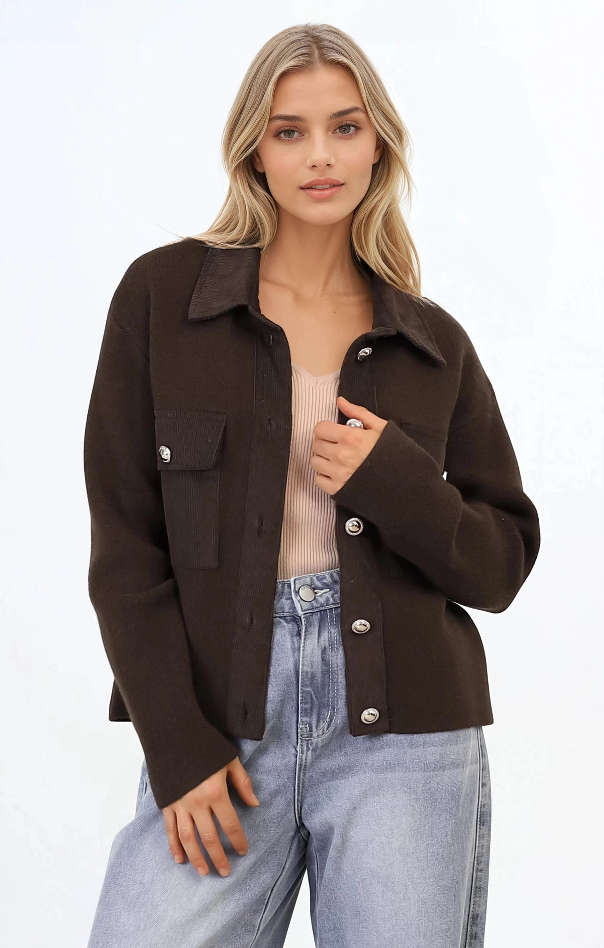 Lincoln Cardigan - Faux Suede Detailed Button Down Cardigan with Patch Pockets in Brown