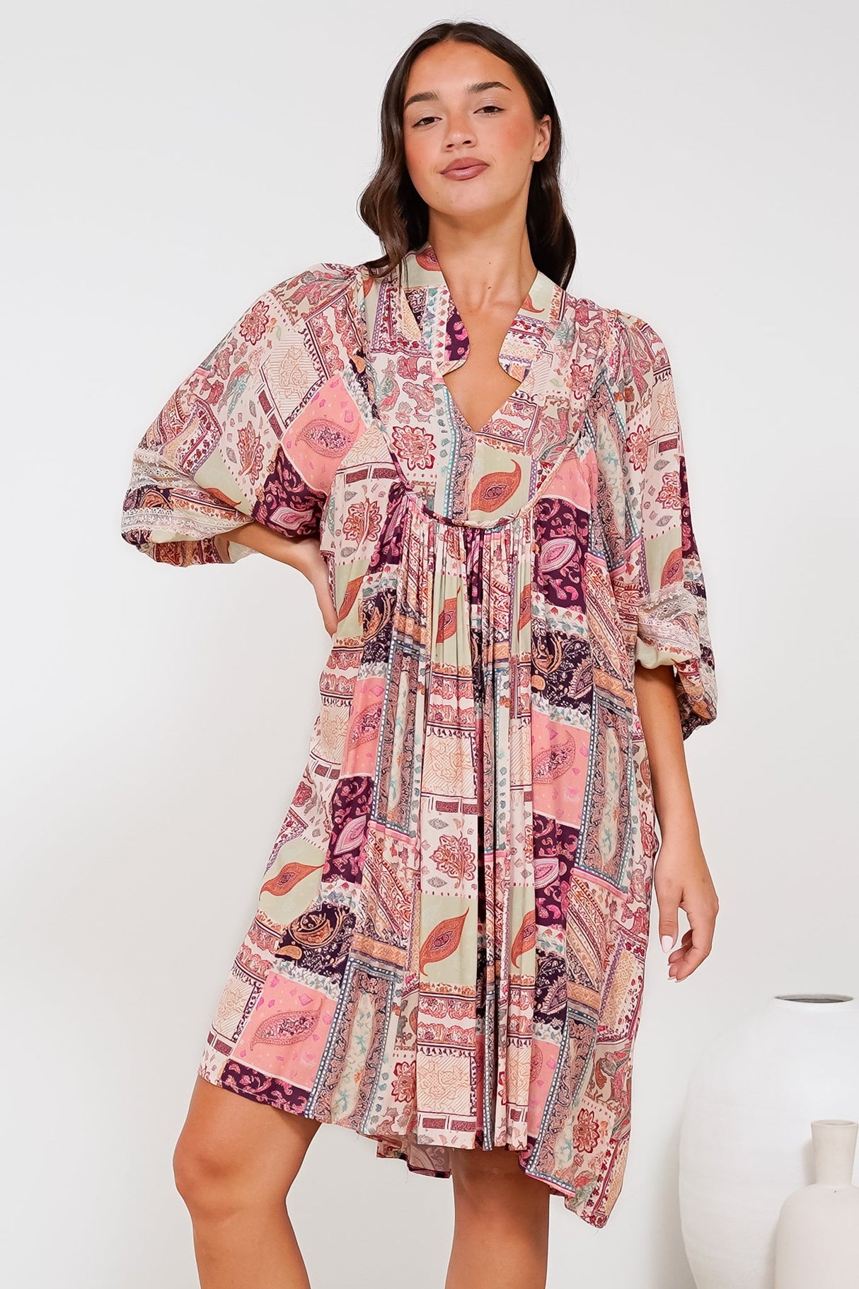 Linden Mini Dress - Mandarin Collar Slimline Smock Dress in Royce Print
