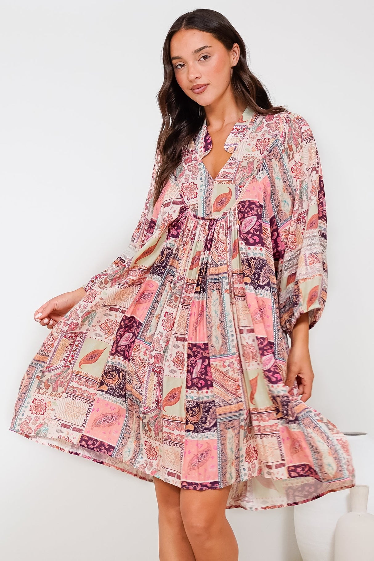 Linden Mini Dress - Mandarin Collar Slimline Smock Dress in Royce Print
