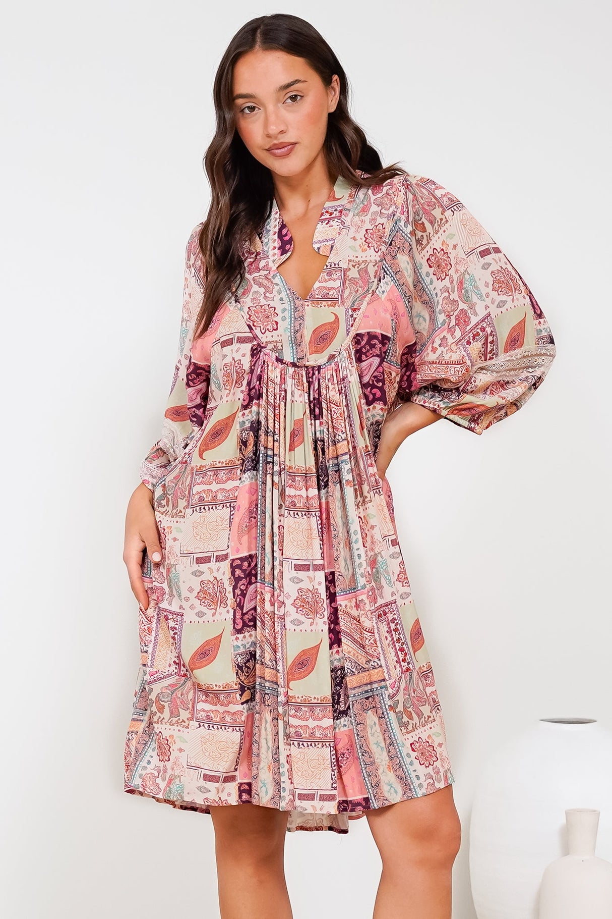 Linden Mini Dress - Mandarin Collar Slimline Smock Dress in Royce Print