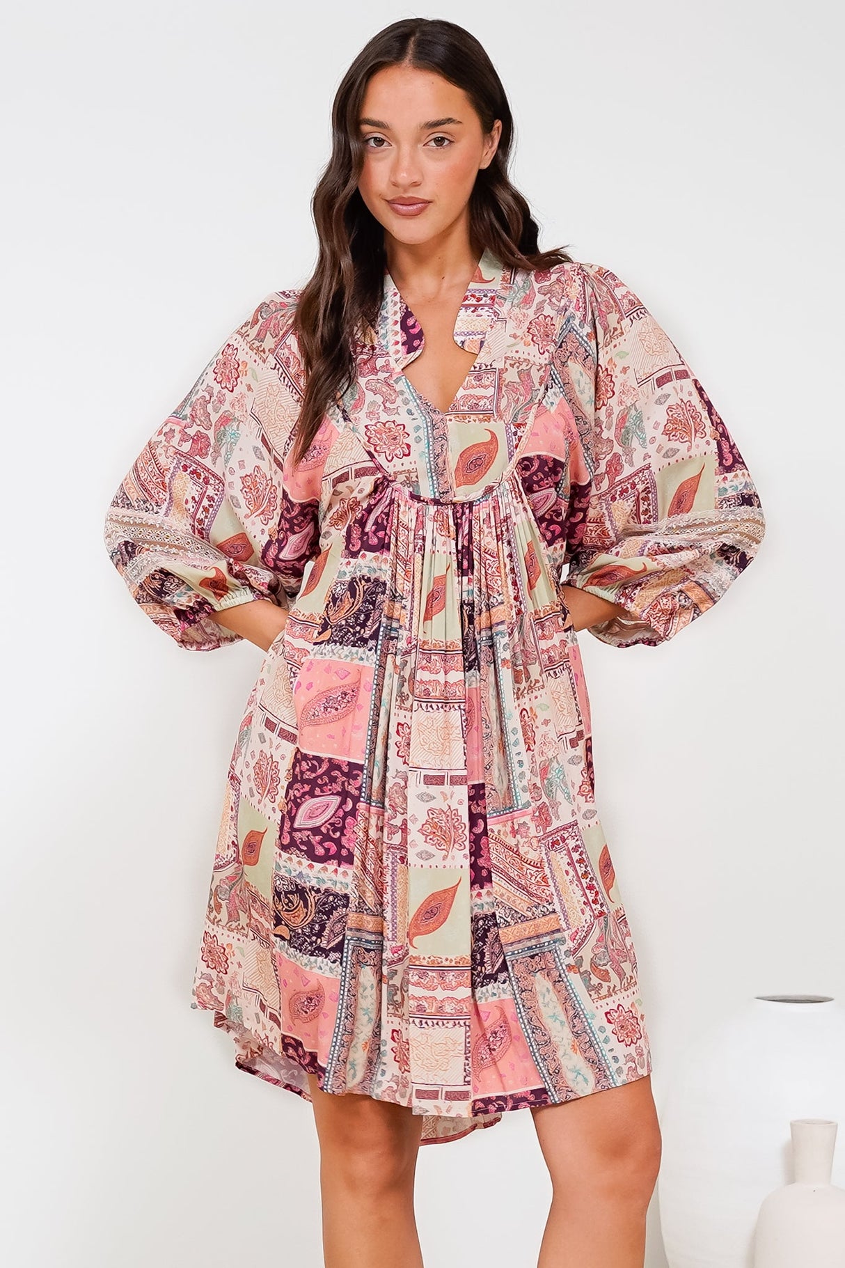 Linden Mini Dress - Mandarin Collar Slimline Smock Dress in Royce Print