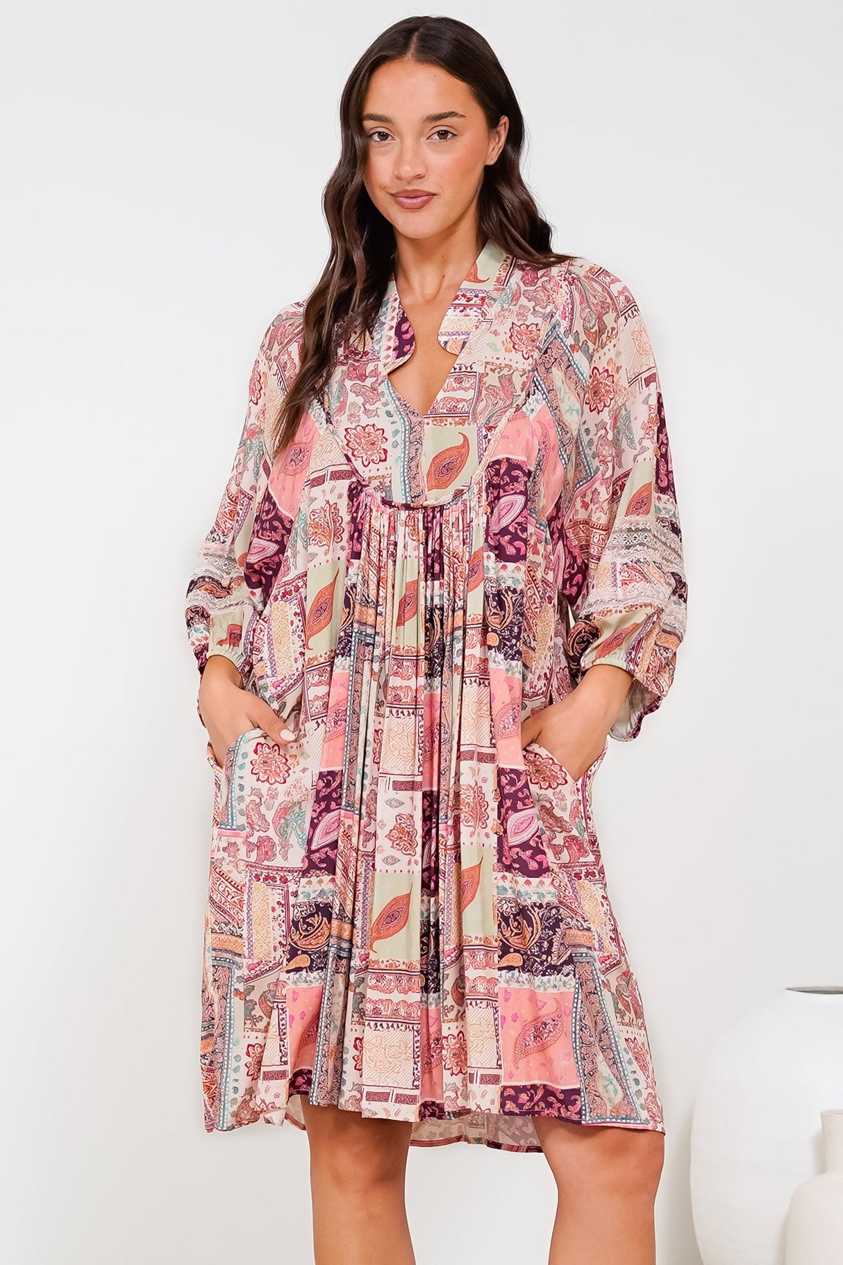 Linden Mini Dress - Mandarin Collar Slimline Smock Dress in Royce Print