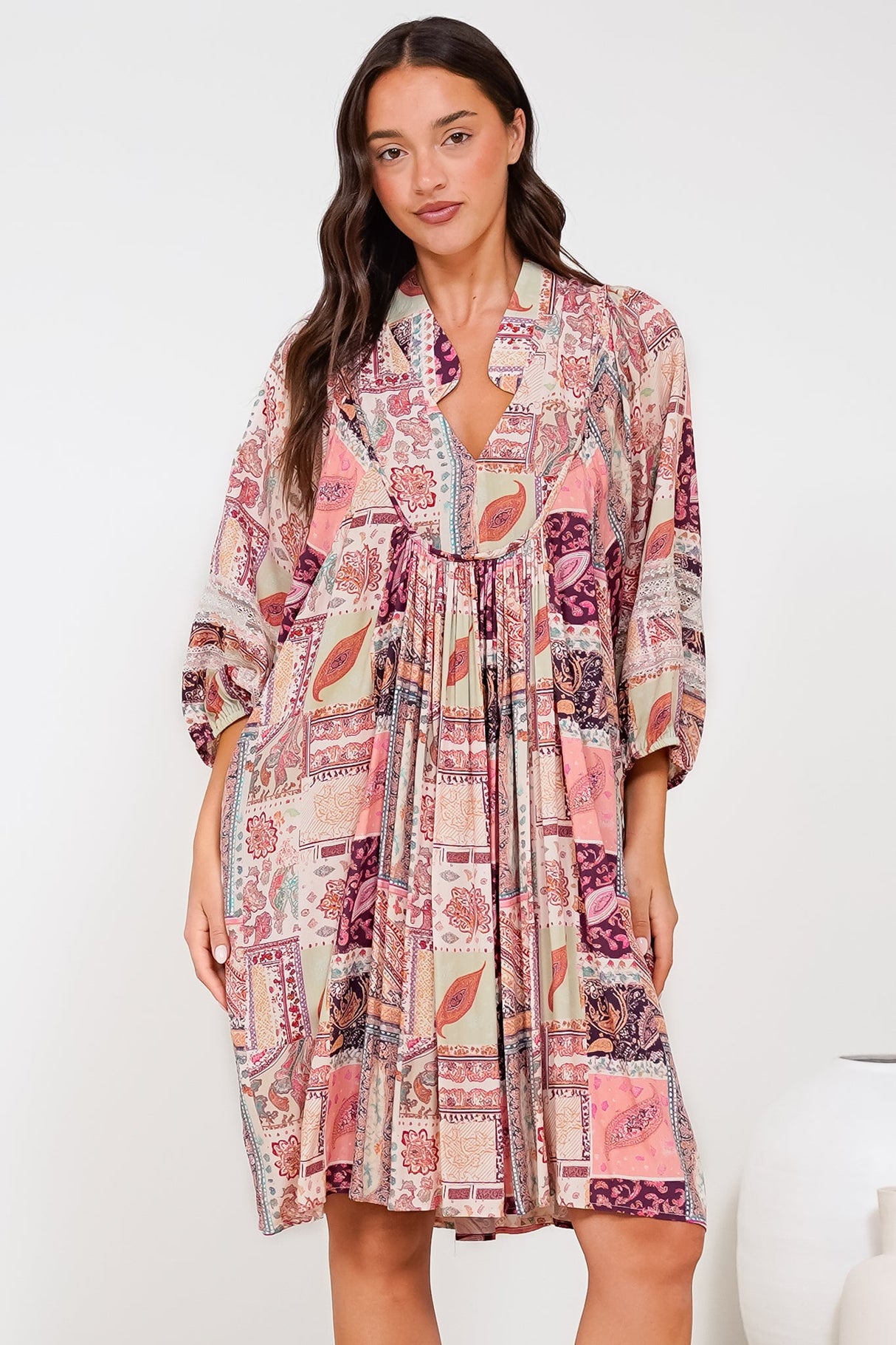 Linden Mini Dress - Mandarin Collar Slimline Smock Dress in Royce Print