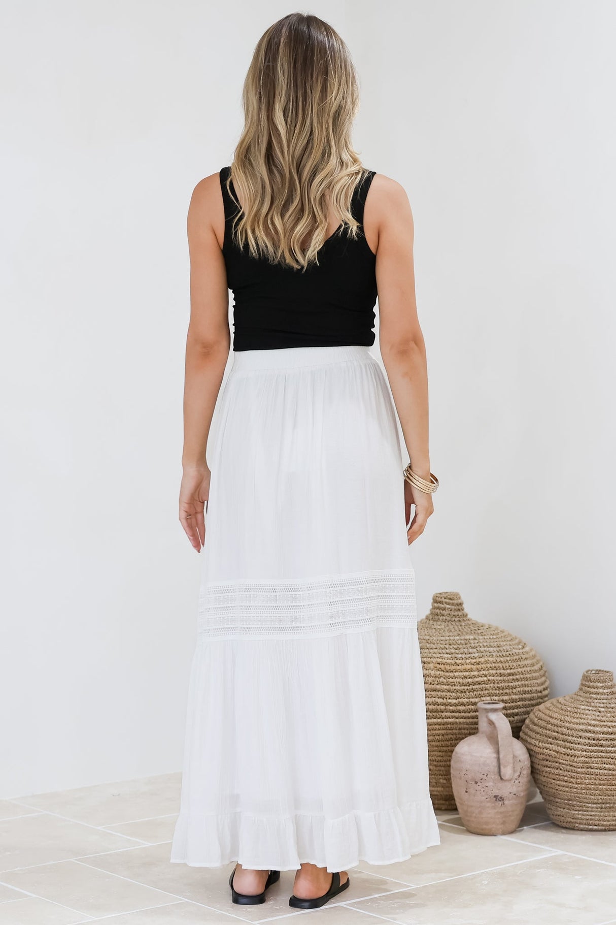 Linley Maxi Skirt - High Waisted Lace Insert Splicing Skirt in White