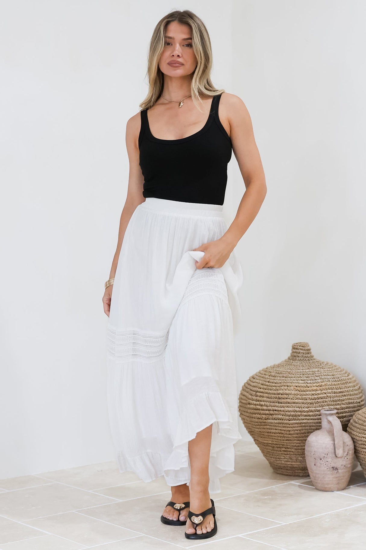 Linley Maxi Skirt - High Waisted Lace Insert Splicing Skirt in White