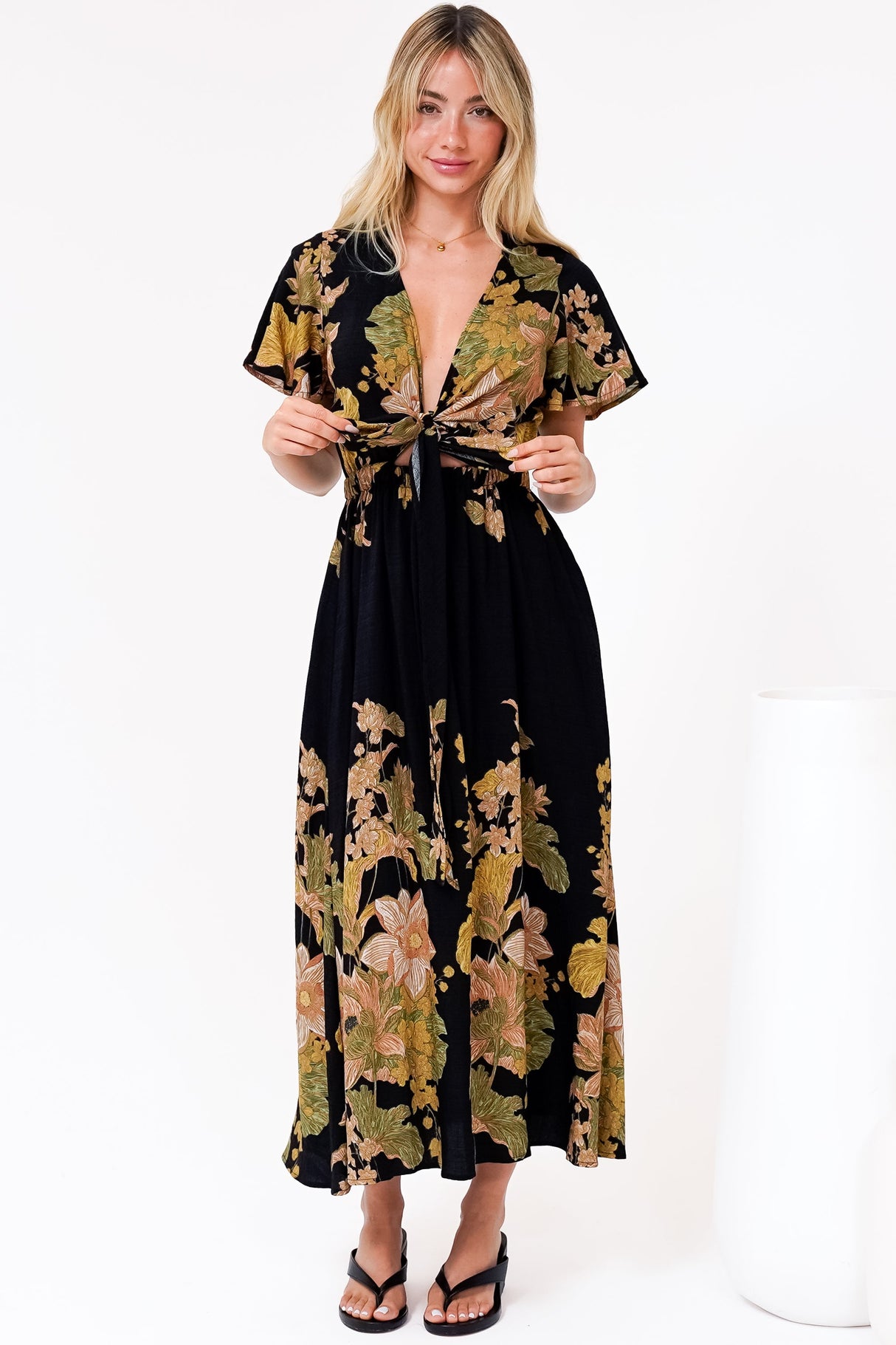 Liona Midi Dress - Multi Tie Flutter Sleeve Dress in Ellody Print