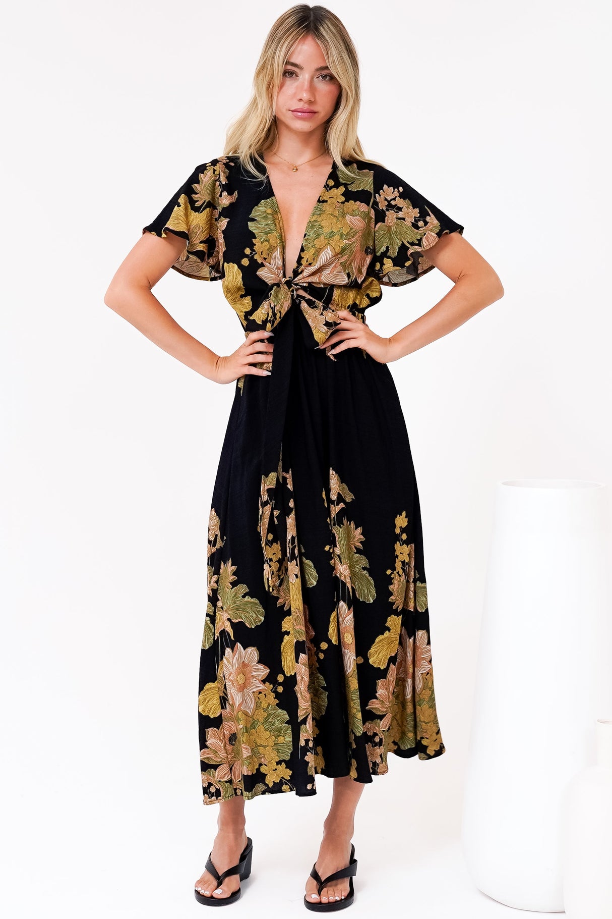 Liona Midi Dress - Multi Tie Flutter Sleeve Dress in Ellody Print