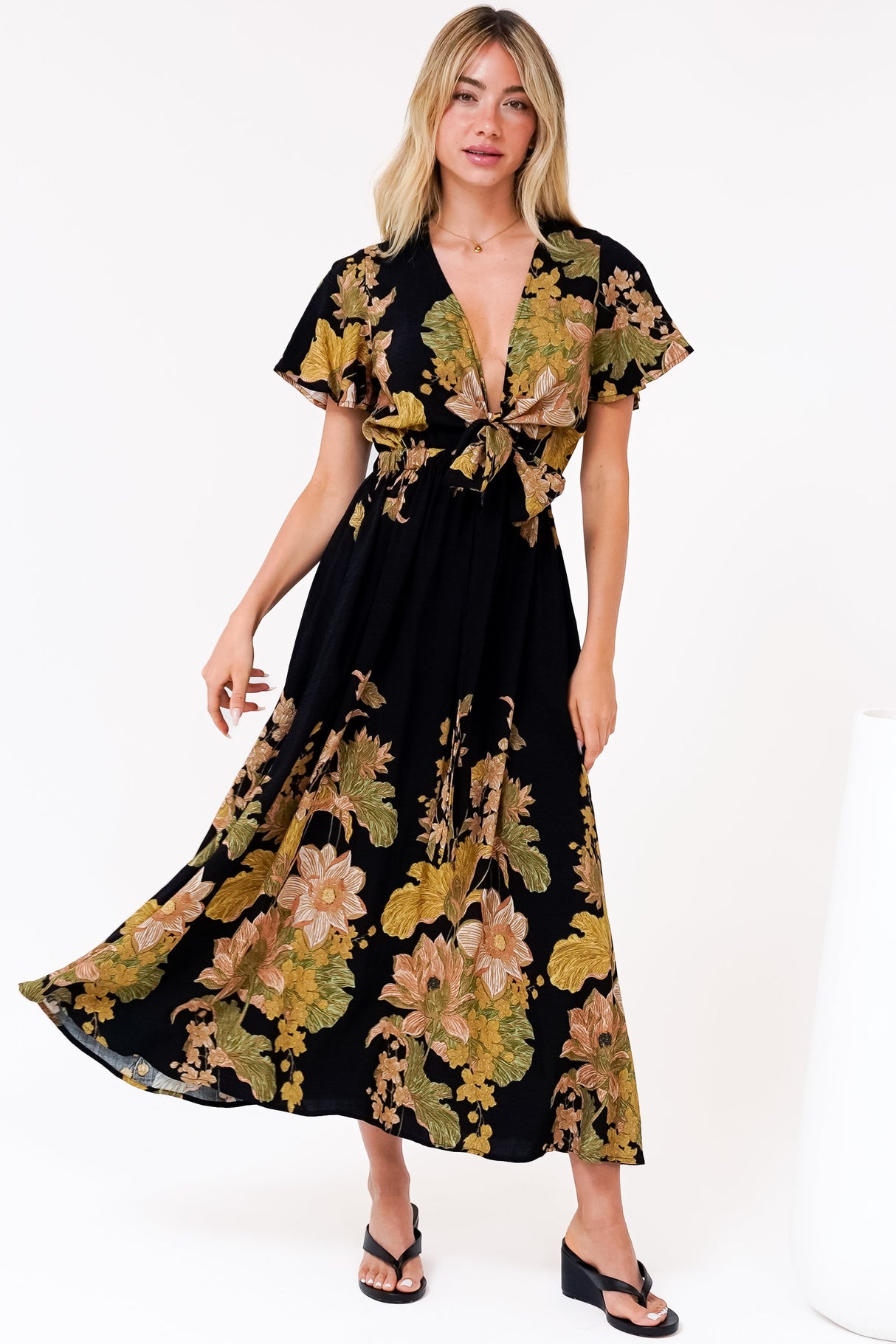 Liona Midi Dress - Multi Tie Flutter Sleeve Dress in Ellody Print