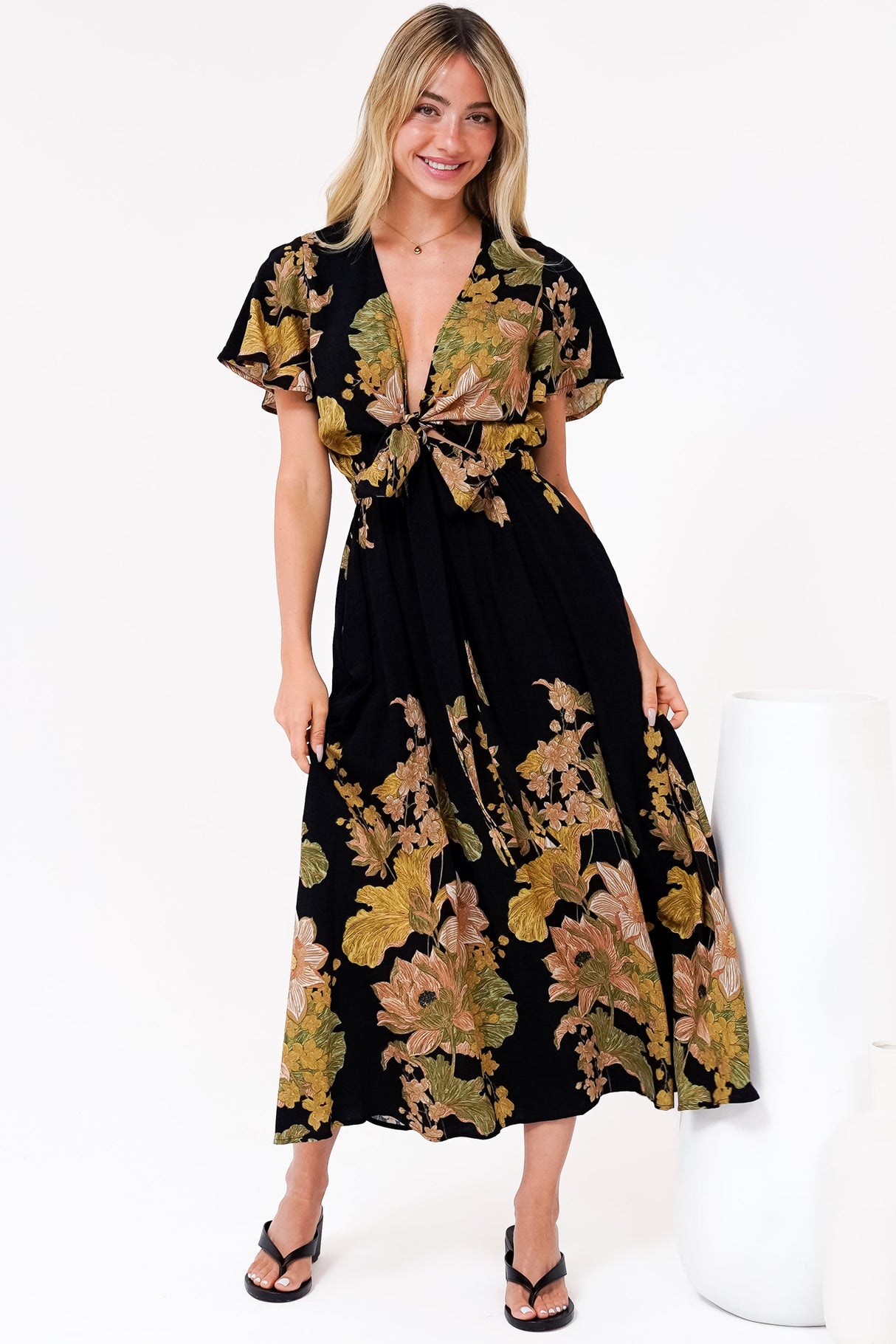 Liona Midi Dress - Multi Tie Flutter Sleeve Dress in Ellody Print