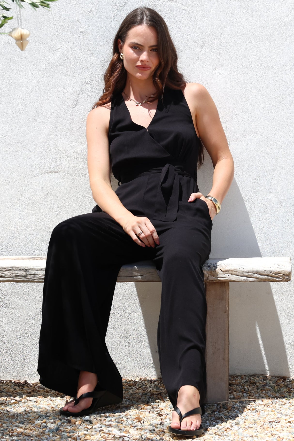 Lira Jumpsuit - V-Neck Wide Leg Pant Jumpsuit with Belt in Black