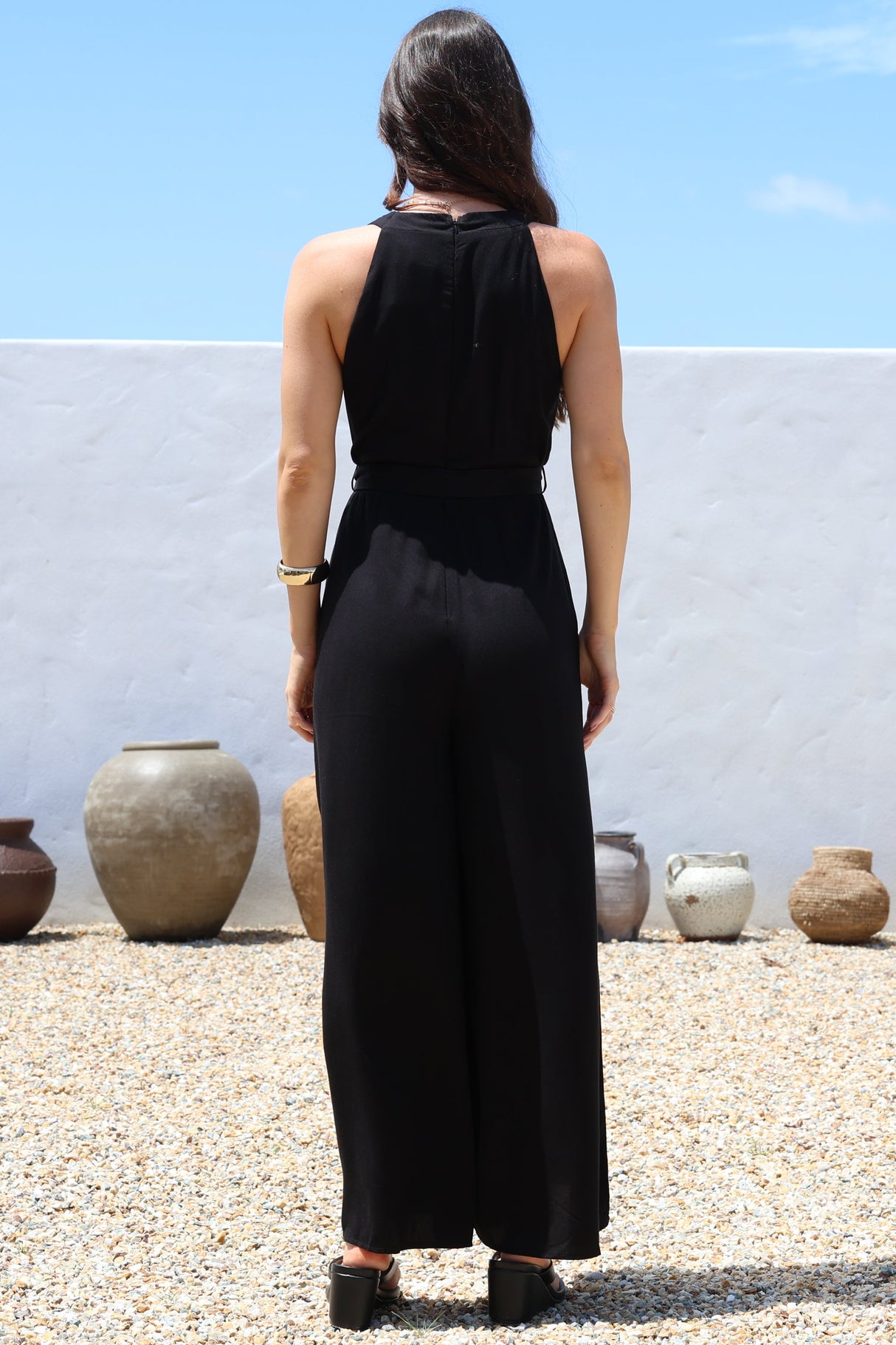 Lira Jumpsuit - V-Neck Wide Leg Pant Jumpsuit with Belt in Black