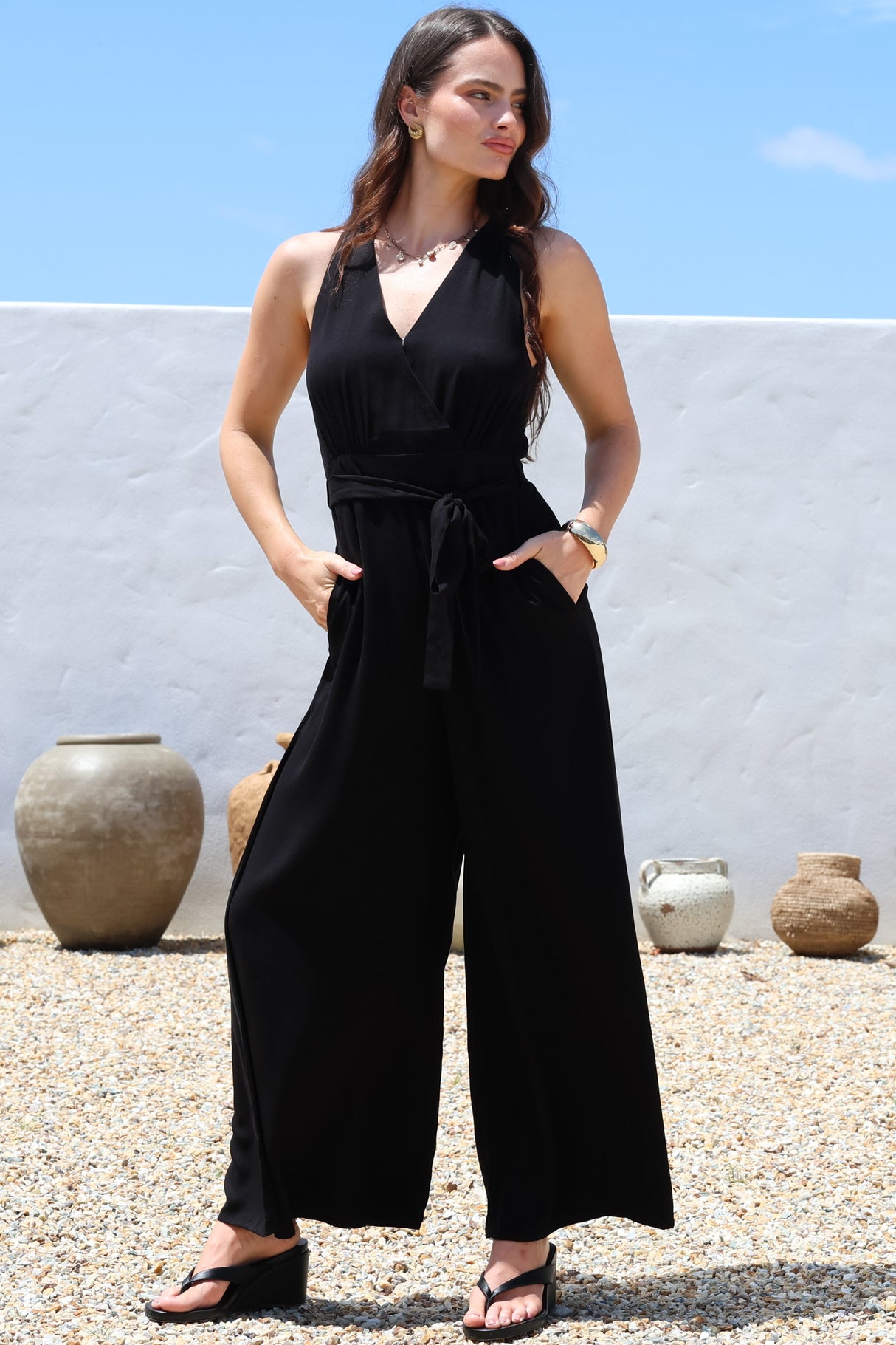 Lira Jumpsuit - V-Neck Wide Leg Pant Jumpsuit with Belt in Black