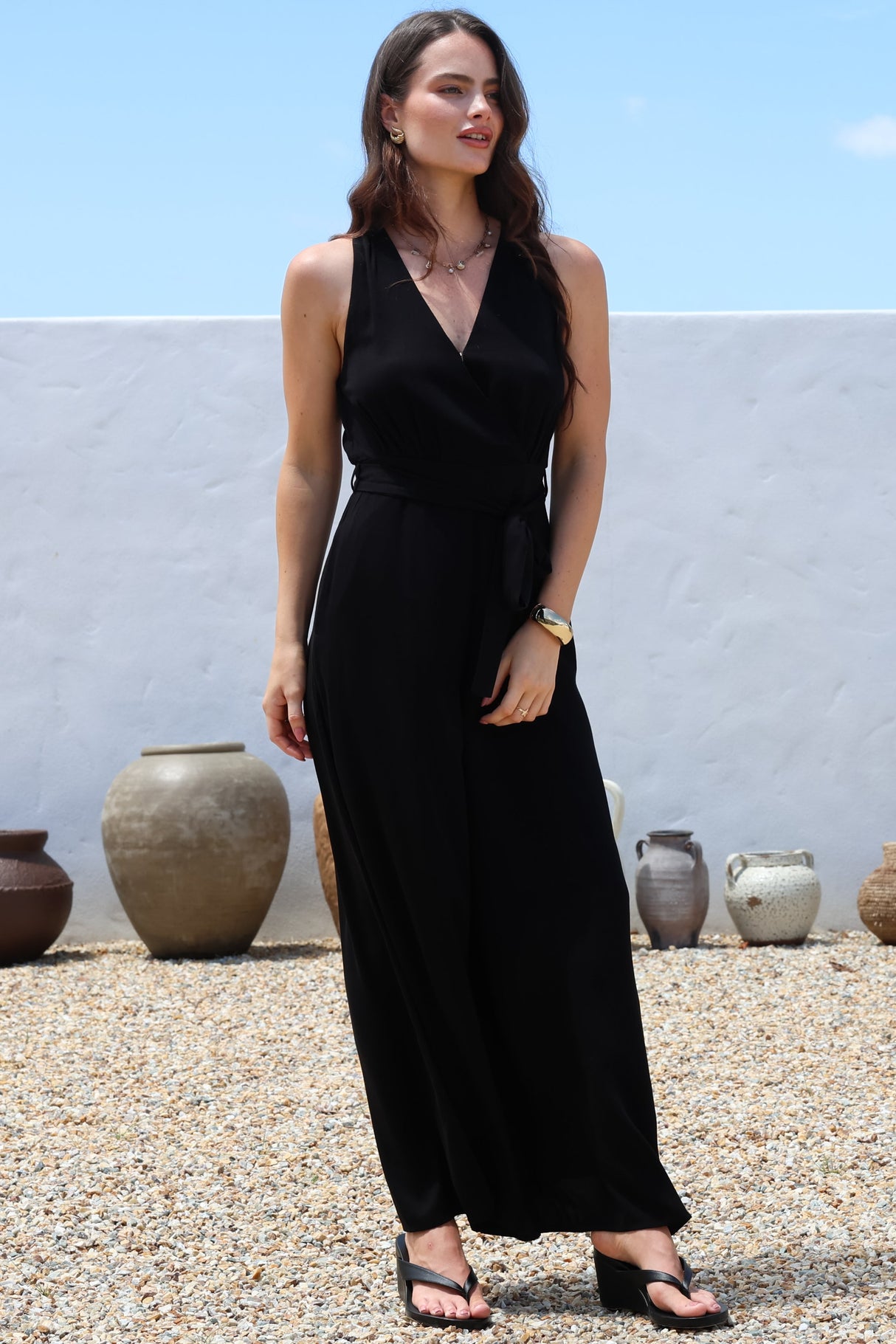 Lira Jumpsuit - V-Neck Wide Leg Pant Jumpsuit with Belt in Black