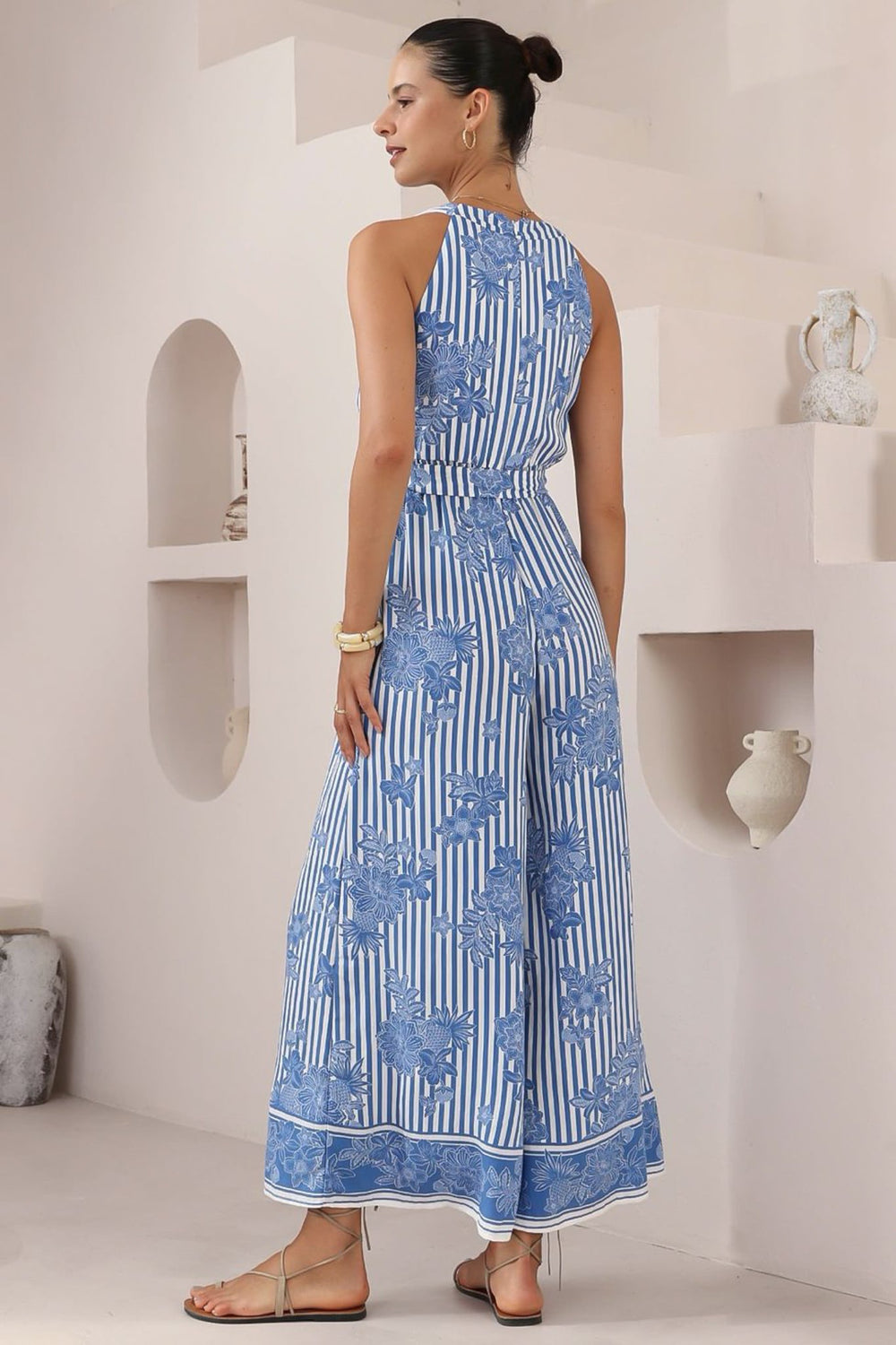 Lira Jumpsuit - V-Neck Wide Leg Pant Jumpsuit with Belt in Keller Print
