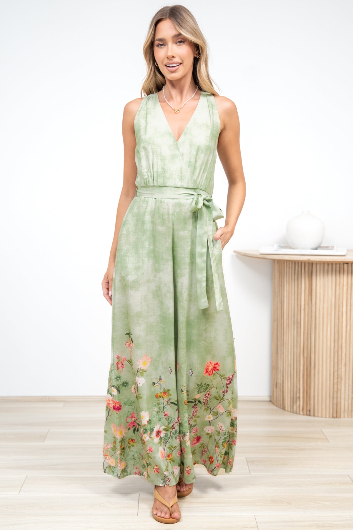 Lira Jumpsuit - V-Neck Wide Leg Pant Jumpsuit with Belt in Ferngully Print