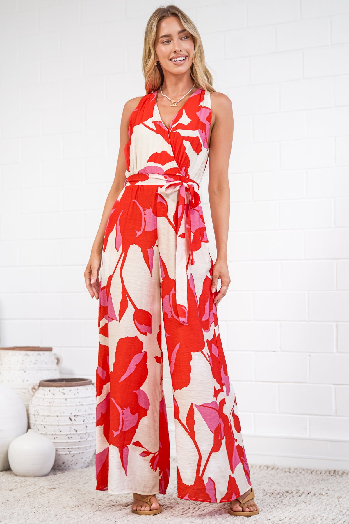 Lira Jumpsuit - V-Neck Wide Leg Pant Jumpsuit with Belt in Magnolia Print