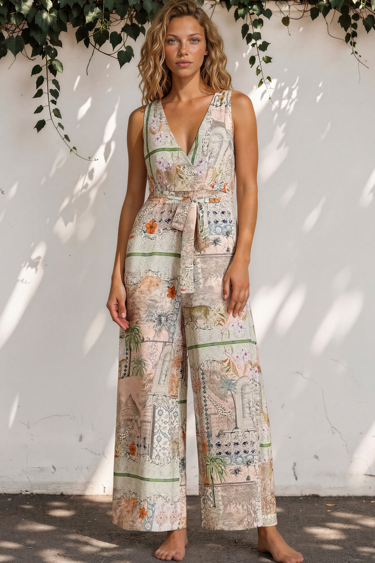 Model wearing Lira Jumpsuit in Tempest Print from Salty Crush