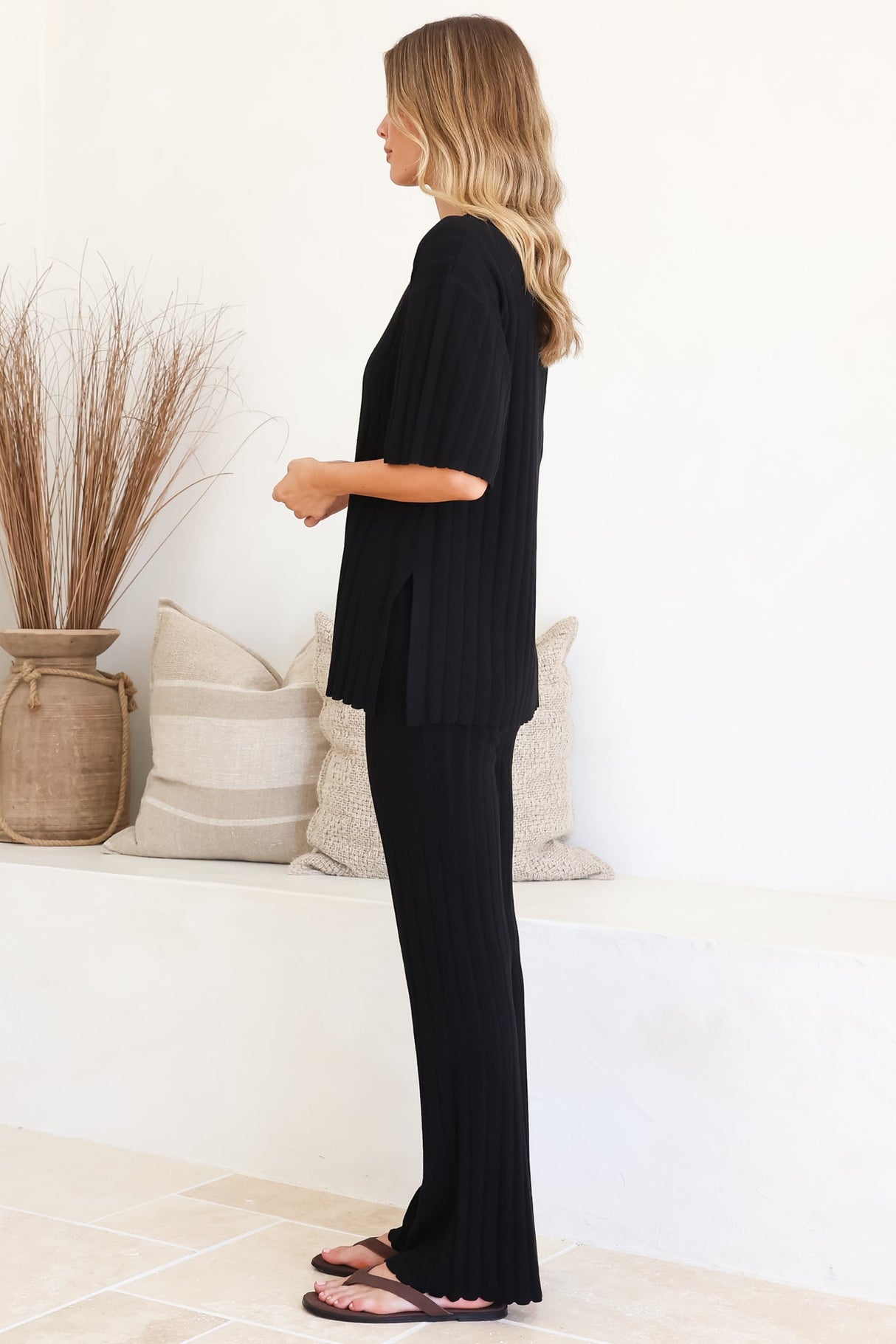 Lisette Set - Ribbed Knit Crew Neck Top and Subtle High Waisted Flared Tights in Black
