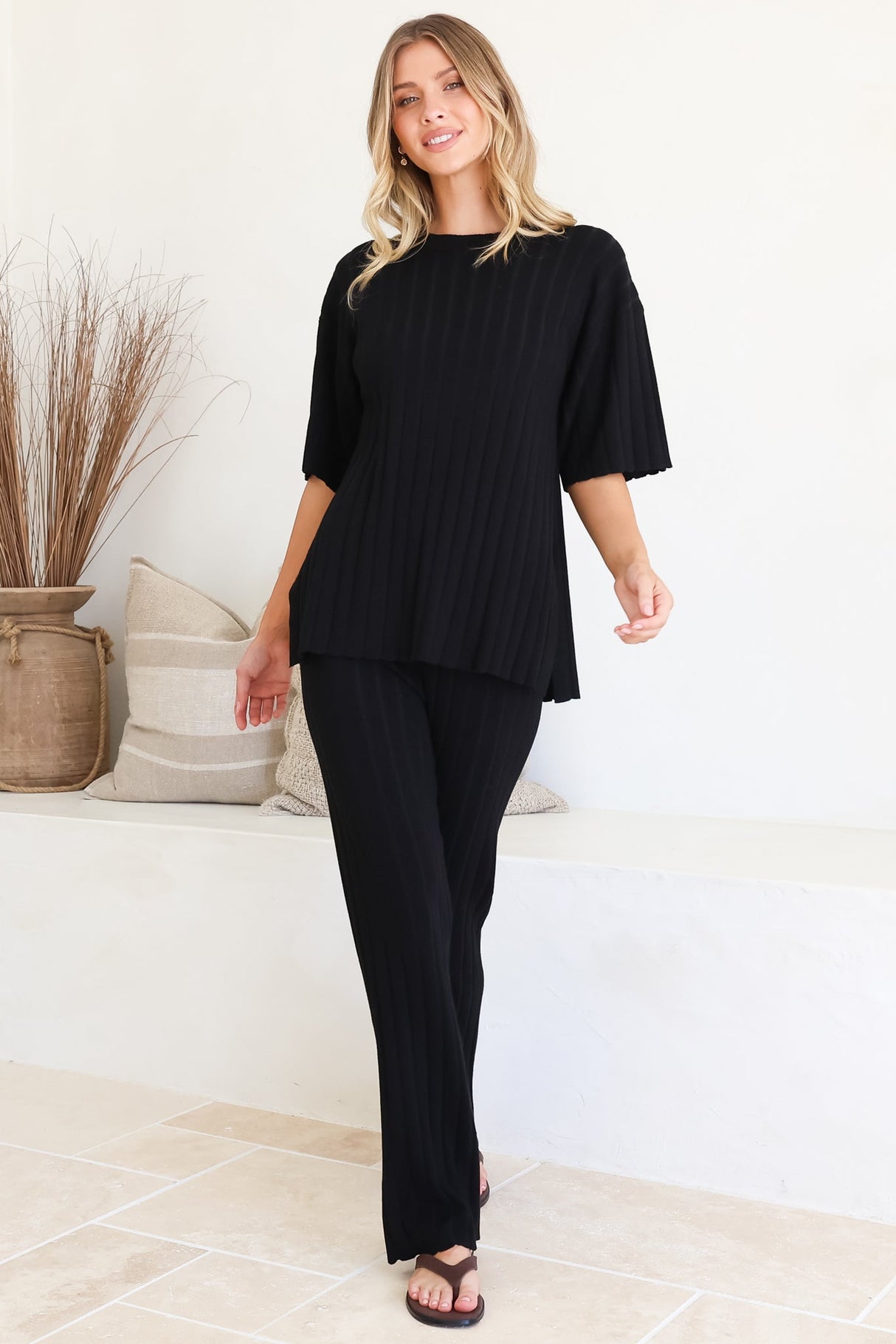 Lisette Set - Ribbed Knit Crew Neck Top and Subtle High Waisted Flared Tights in Black