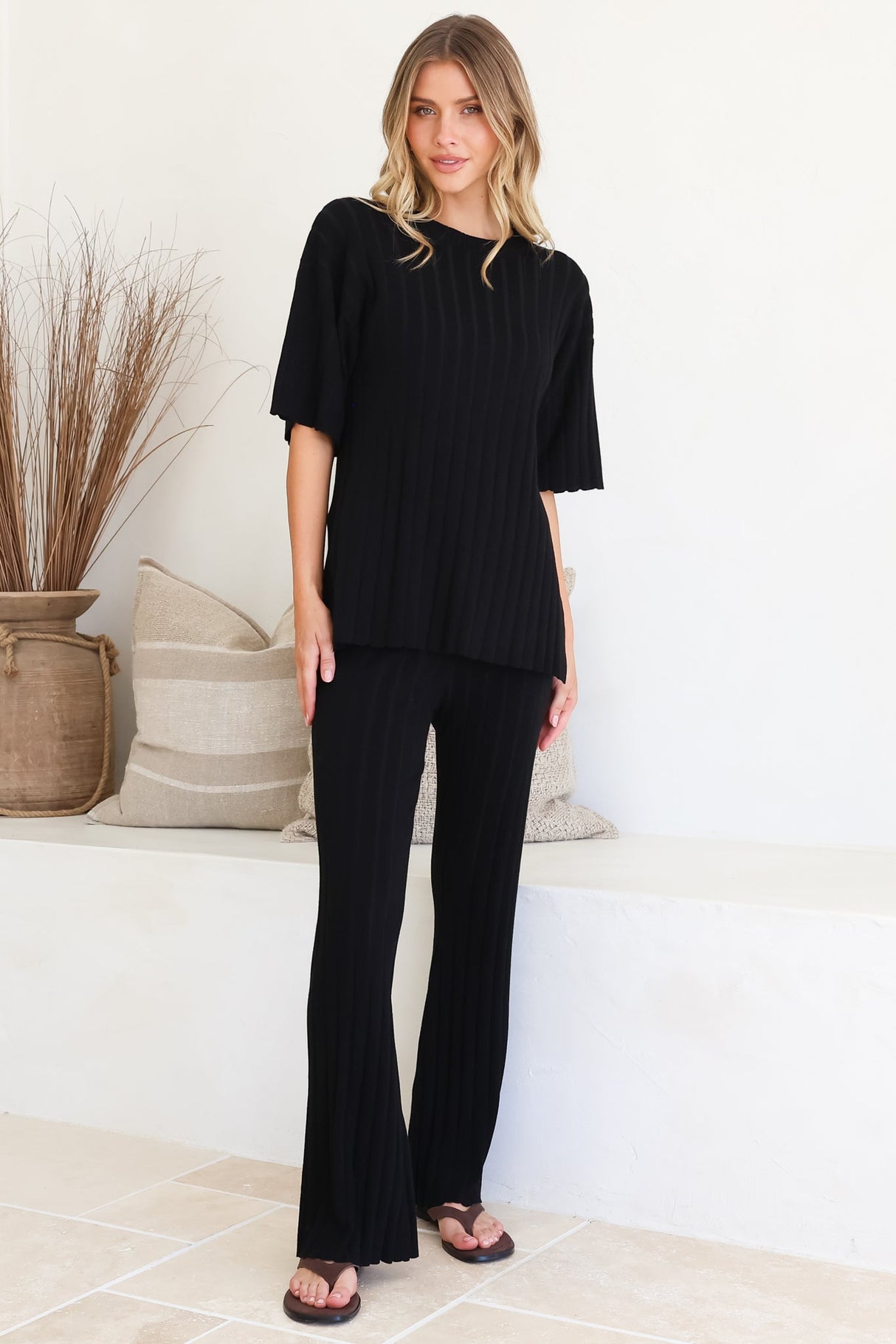 Lisette Set - Ribbed Knit Crew Neck Top and Subtle High Waisted Flared Tights in Black
