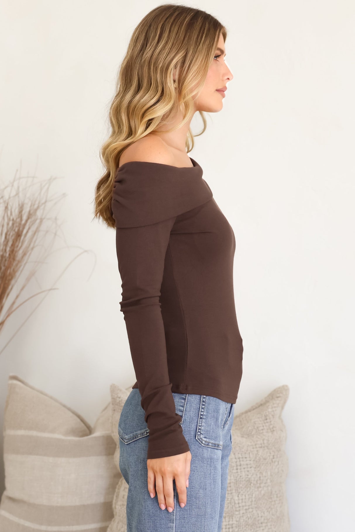 Lissa Top - Folded Asymmetric Neckline Long Sleeve Top in Chocolate