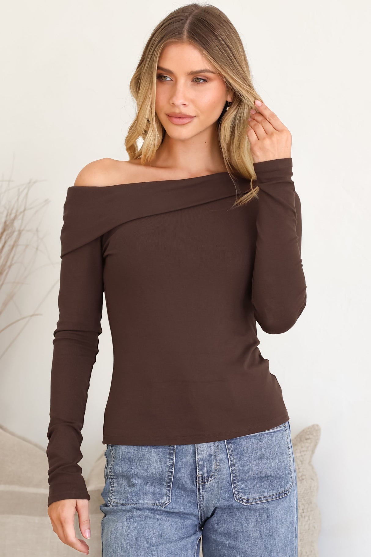 Lissa Top - Folded Asymmetric Neckline Long Sleeve Top in Chocolate