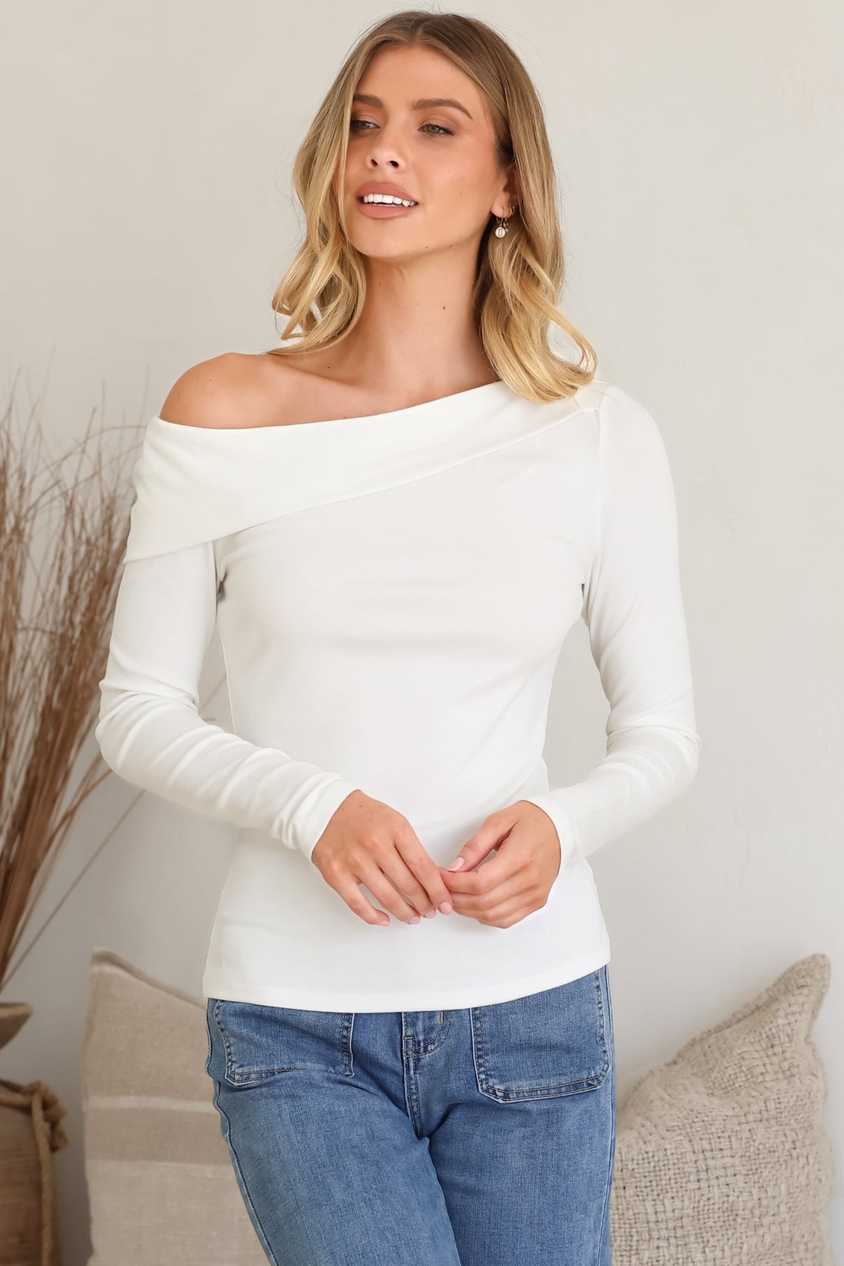 Lissa Top - Folded Asymmetric Neckline Long Sleeve Top in White